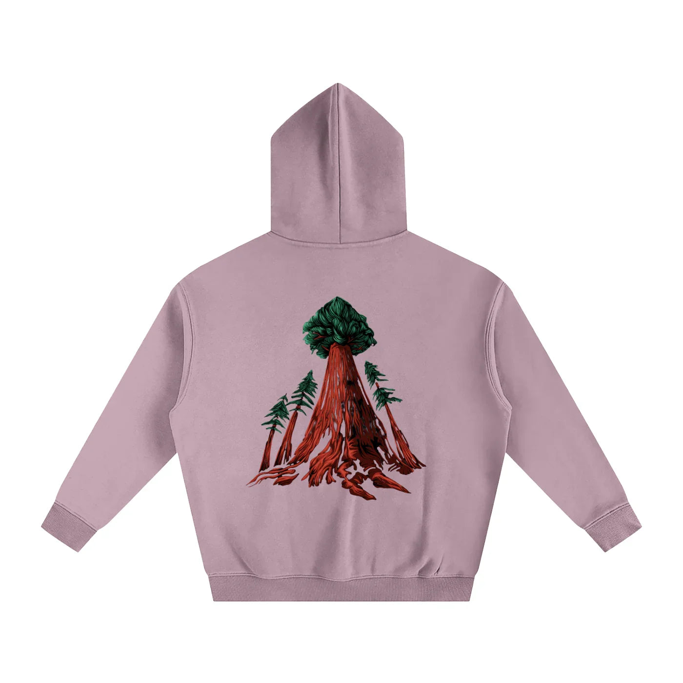 Dusty pink hoodie with redwood tree graphic, blending outdoor nature with streetwear style.