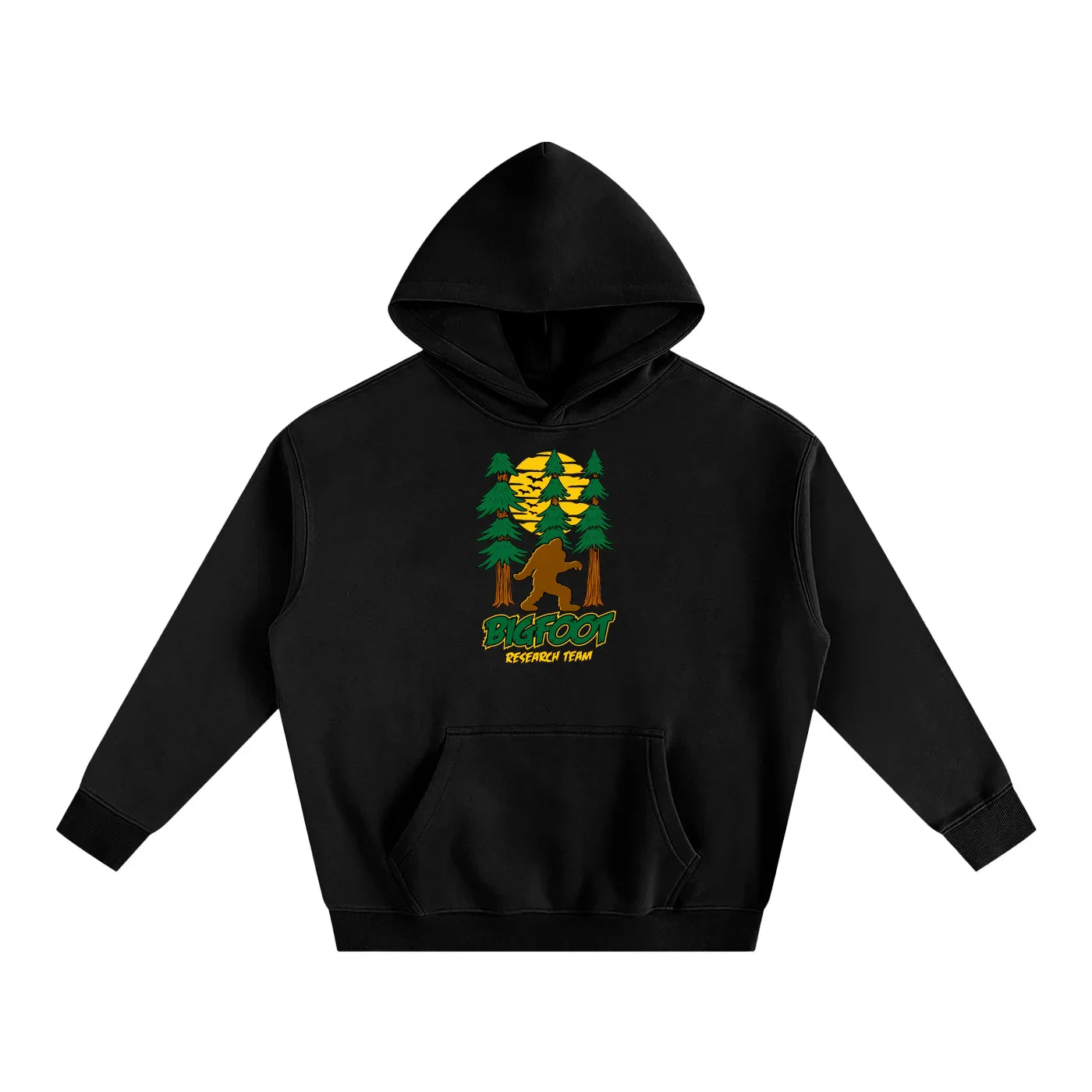 Black hoodie with Bigfoot graphic, forest sunset design, and 'Bigfoot Research Team' text