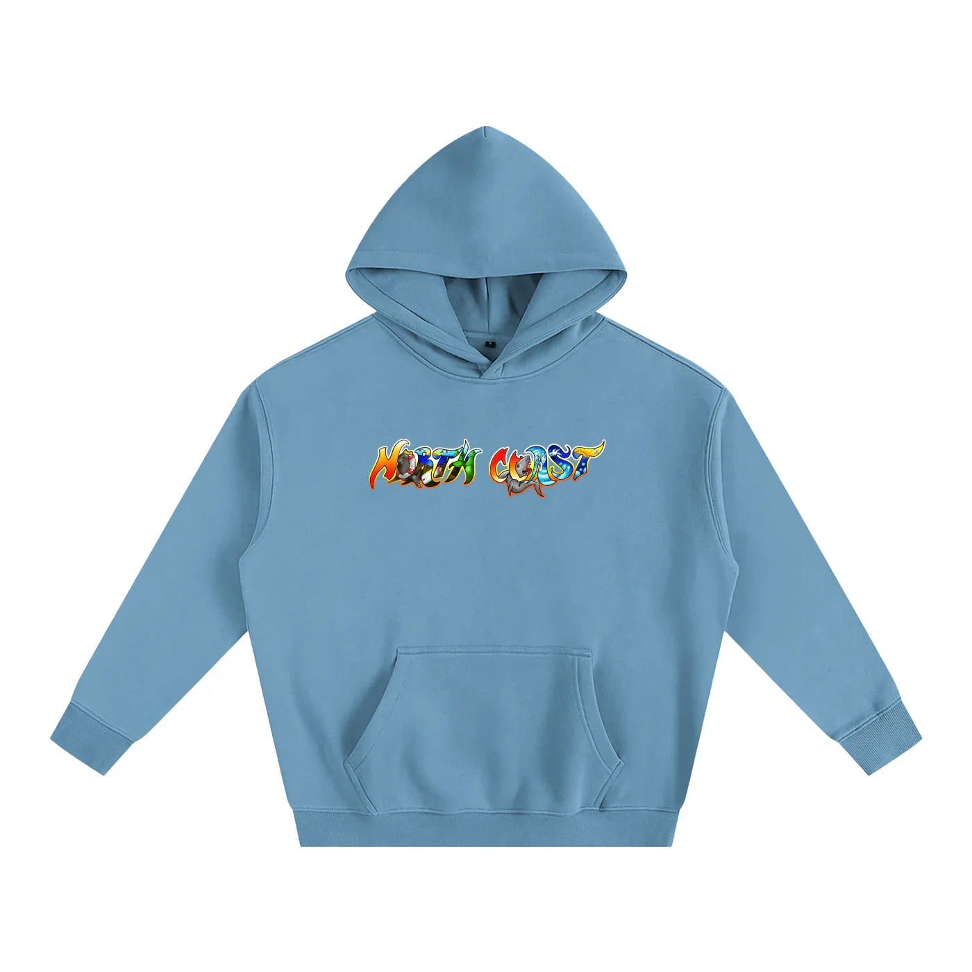 Light blue hoodie with colorful 'North Coast' graphic, blending outdoor and streetwear style