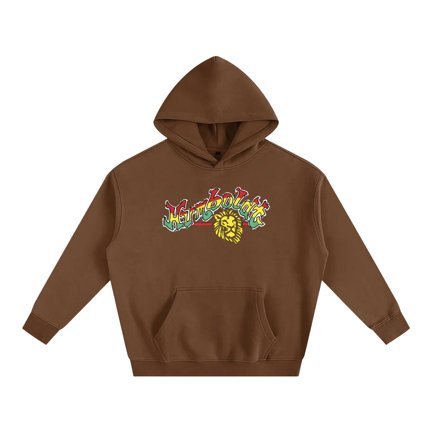 Brown hoodie with colorful Humboldt lion graphic, blending outdoor and streetwear style