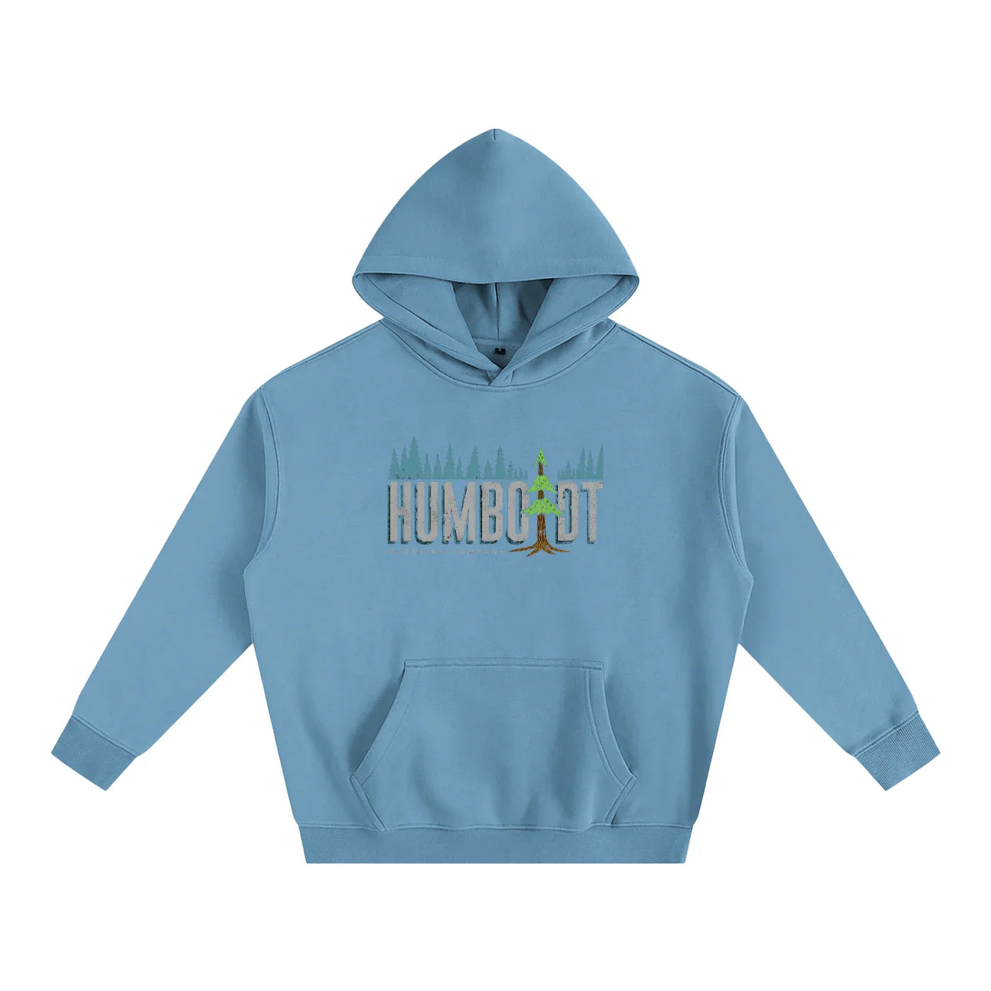 Light blue hoodie with Humboldt forest graphic, outdoor streetwear style