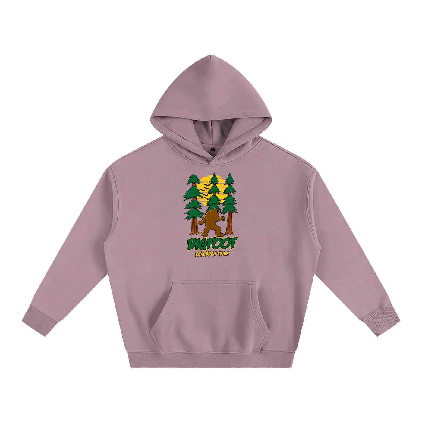 Purple hoodie with Bigfoot in forest graphic, 'Bigfoot Research Team' text, outdoor adventure style