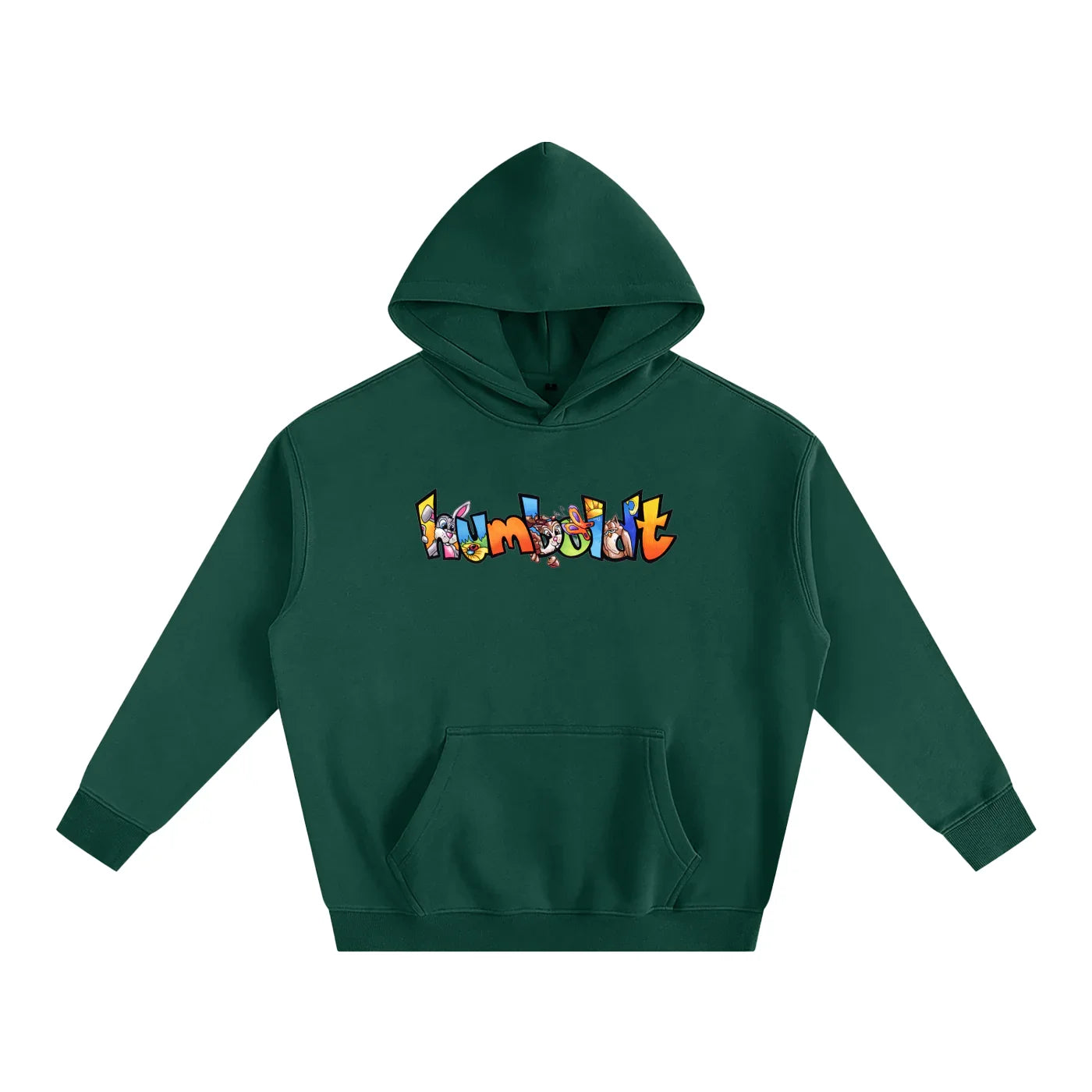 Green hoodie with colorful Humboldt graphic, blending outdoor and streetwear style