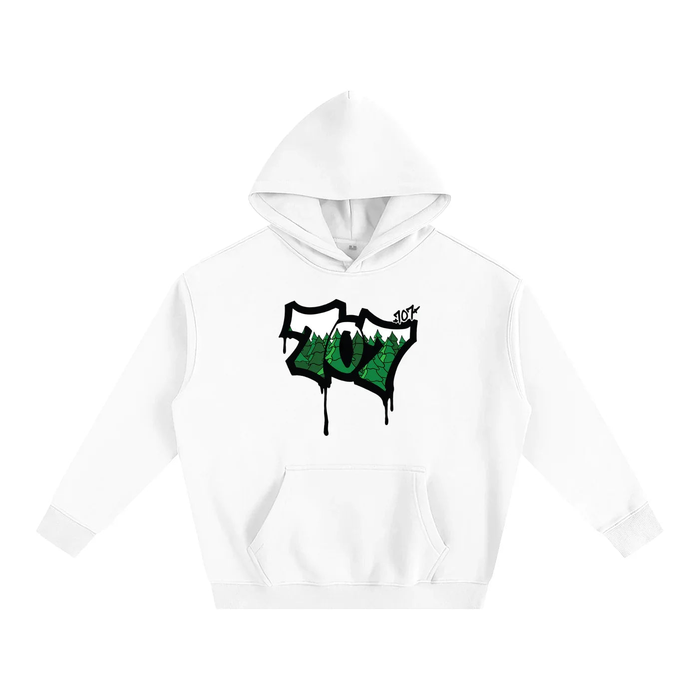 White hoodie with 507 forest graphic, streetwear style for Humboldt County vibes