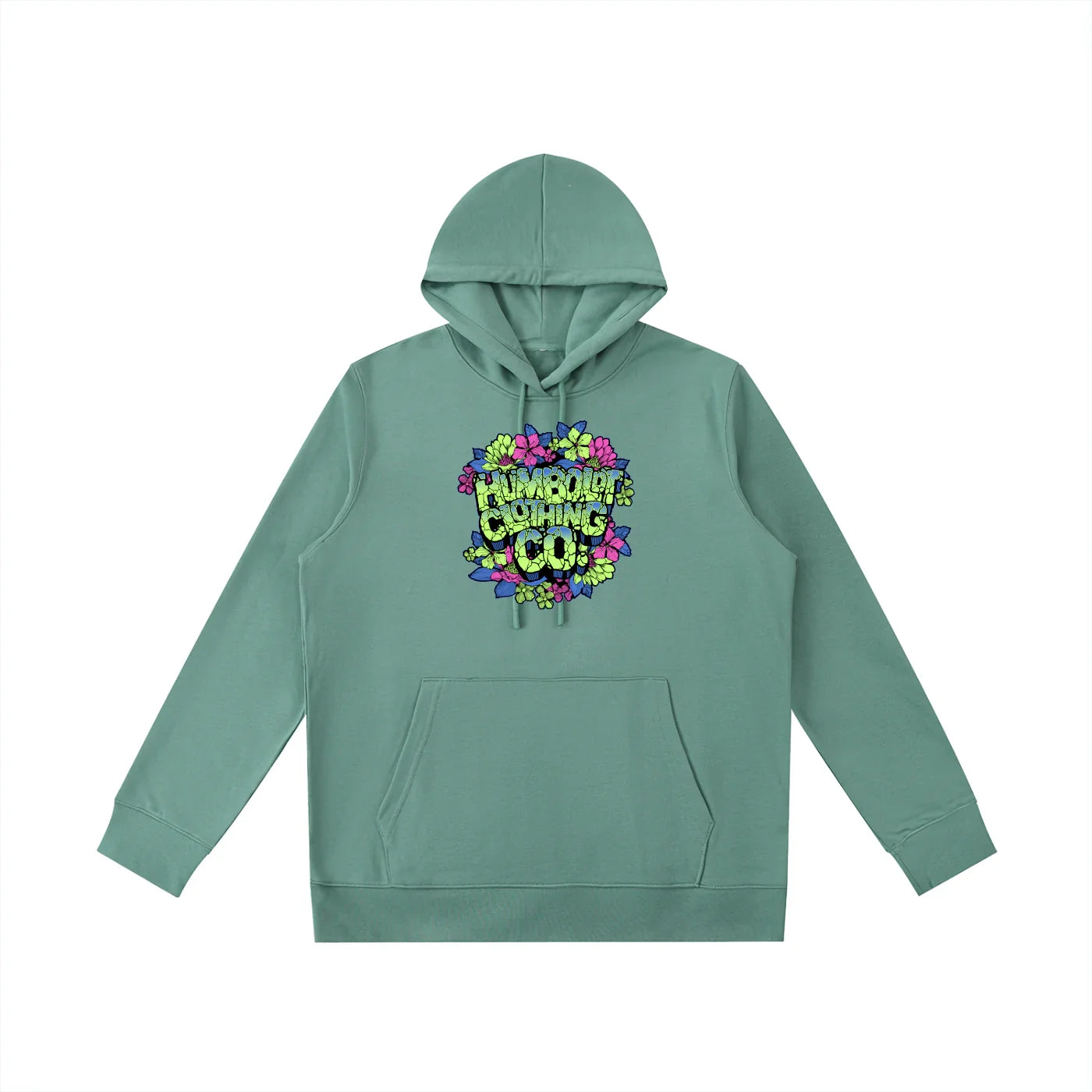 Green hoodie with colorful graphic design with different color flowers and text that says Humboldt CLothing Co
