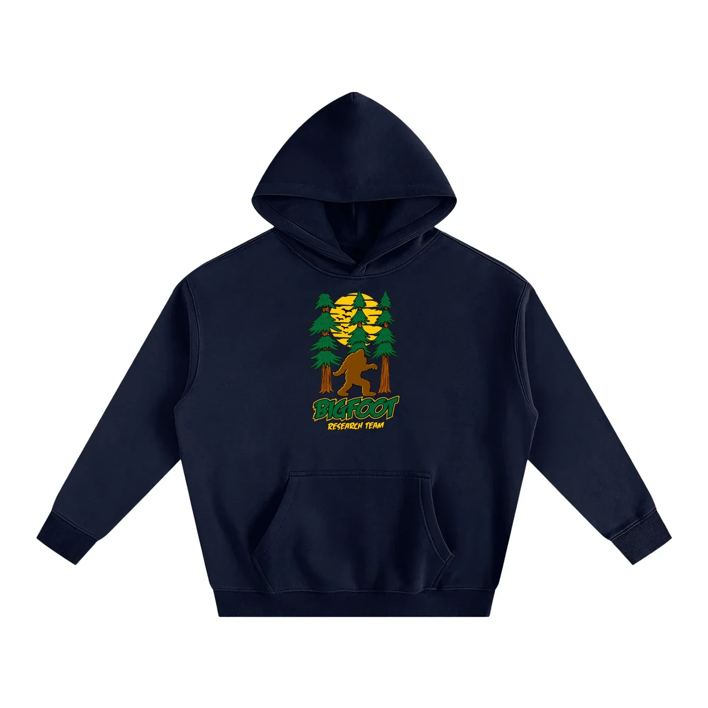 Navy hoodie with Bigfoot in forest graphic, 'Bigfoot Research Team' text, outdoor adventure style