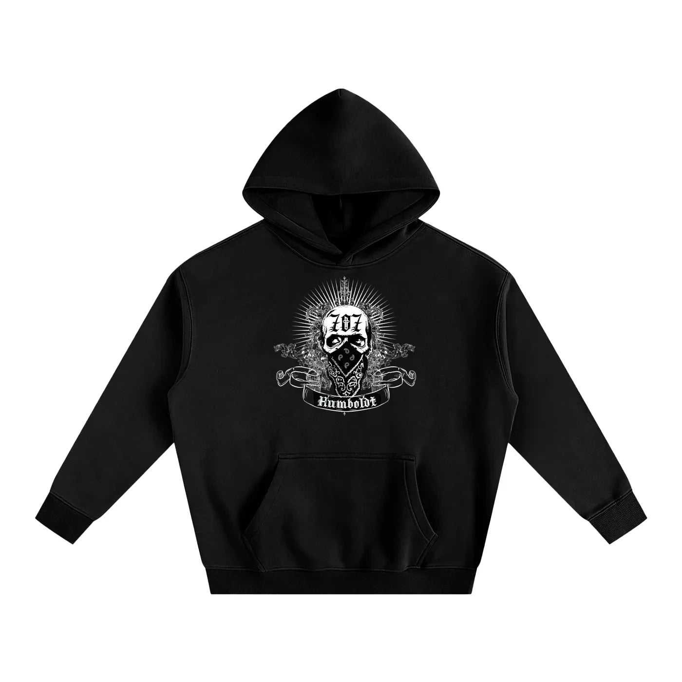 Black hoodie with a white graphic design of a skull with a bandana on its face and the numbers 707 on a white background. text says Humboldt in old english style writing