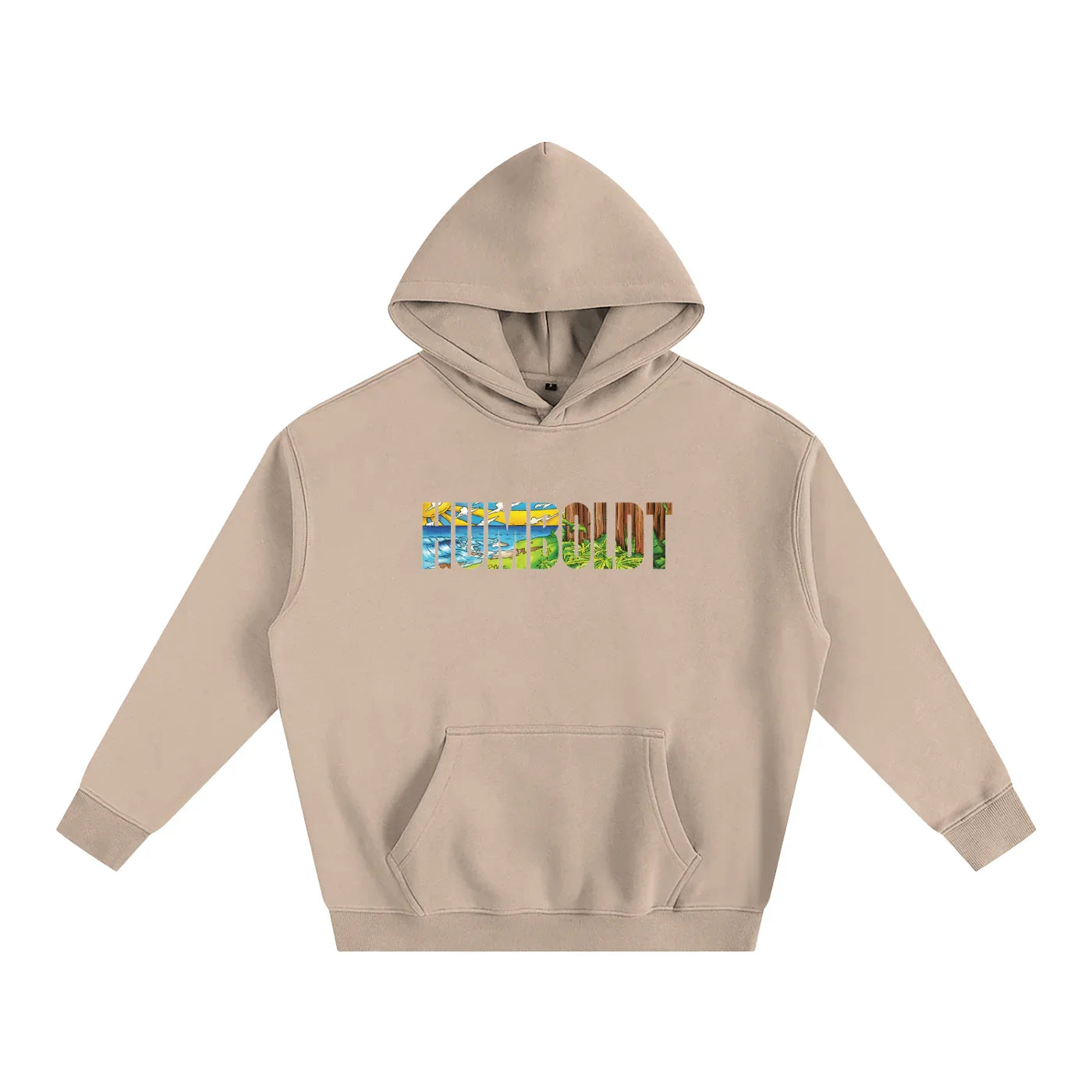 Beige hoodie with colorful Humboldt graphic, blending coastal and forest scenes for outdoor streetwear style.
