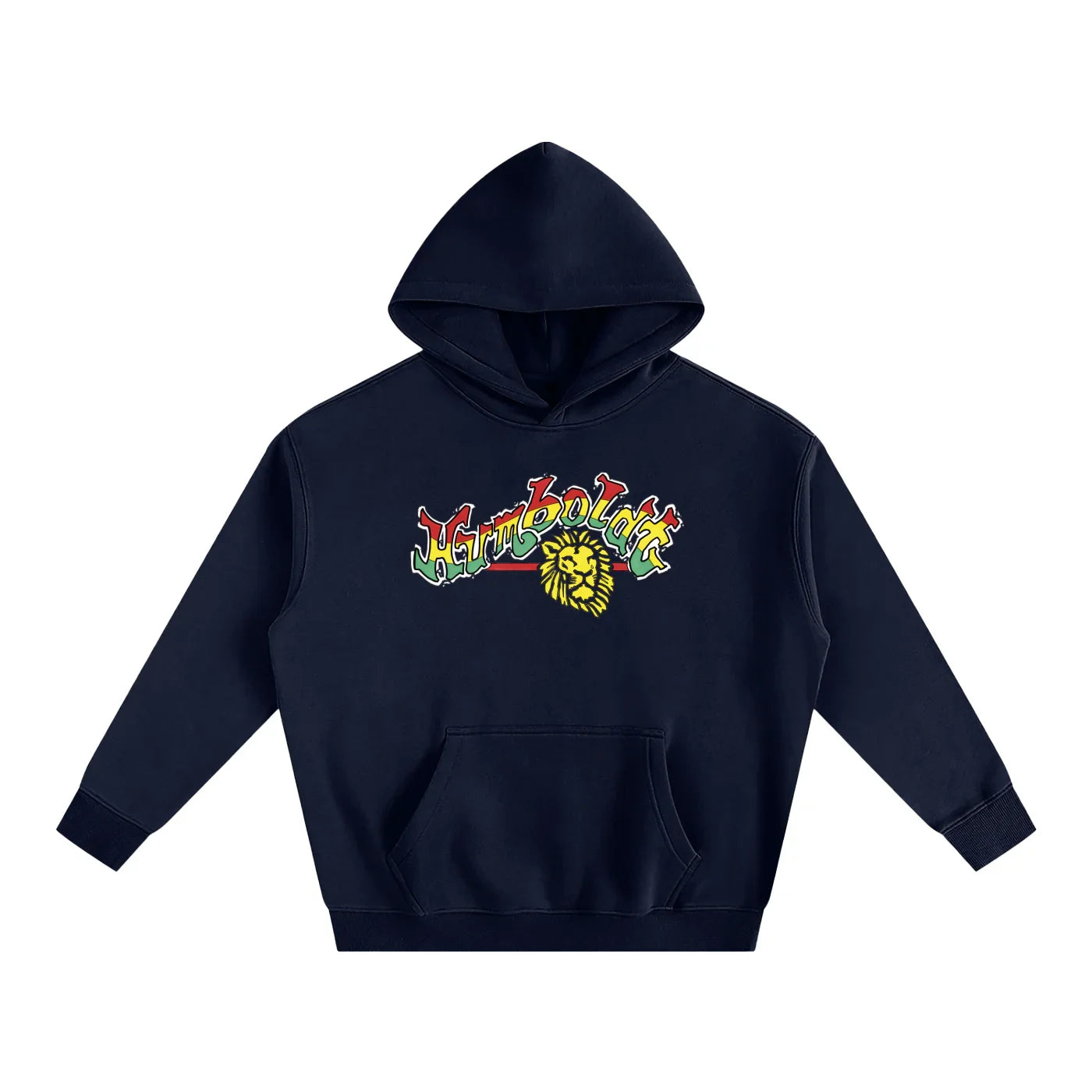 Navy hoodie with colorful Humboldt lion graphic, blending outdoor and streetwear style