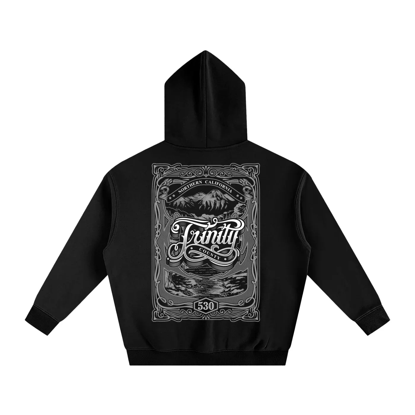 Black hoodie with white logo with text that says Northern California Trinity County 530 on the back against a white background. Artwork shows a mountain scene