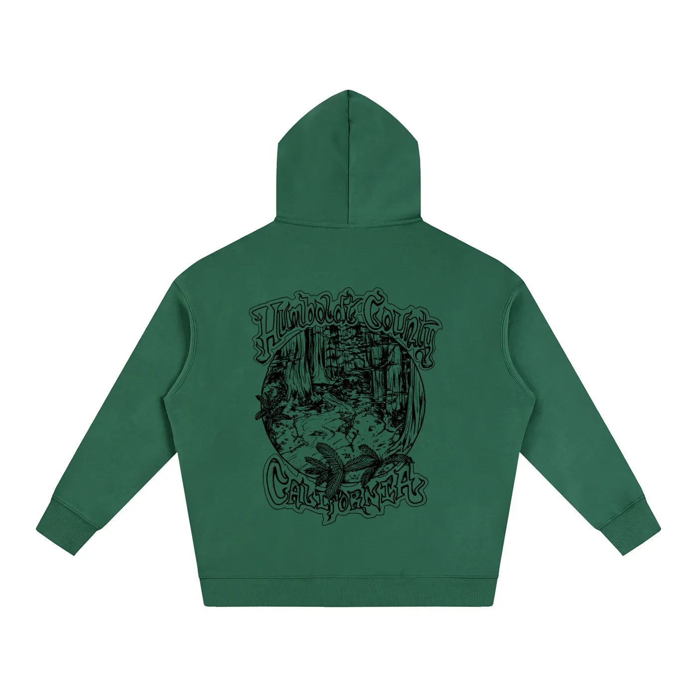 Green hoodie with black graphic design that looks like a deep wooded forest and text that says Humboldt County California
