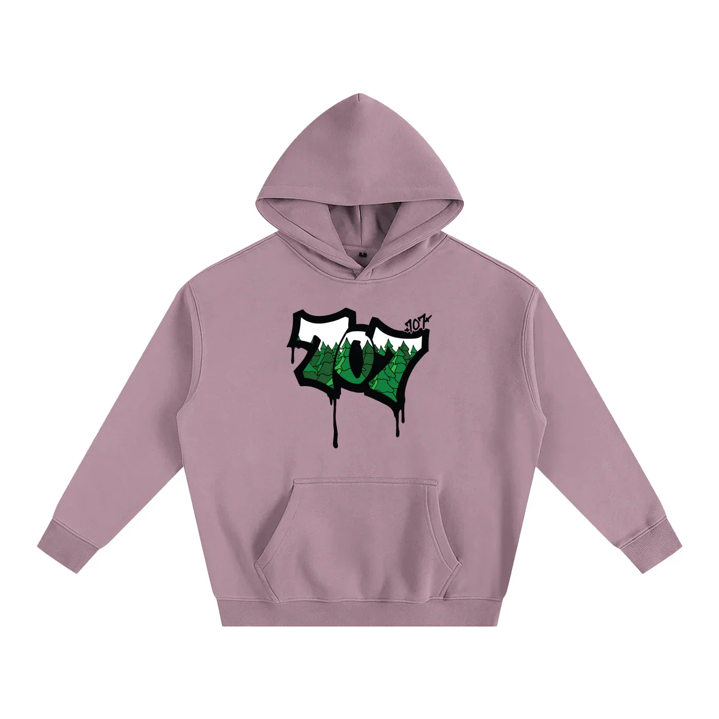 Mauve hoodie with 707 forest graphic, blending outdoor style and streetwear design