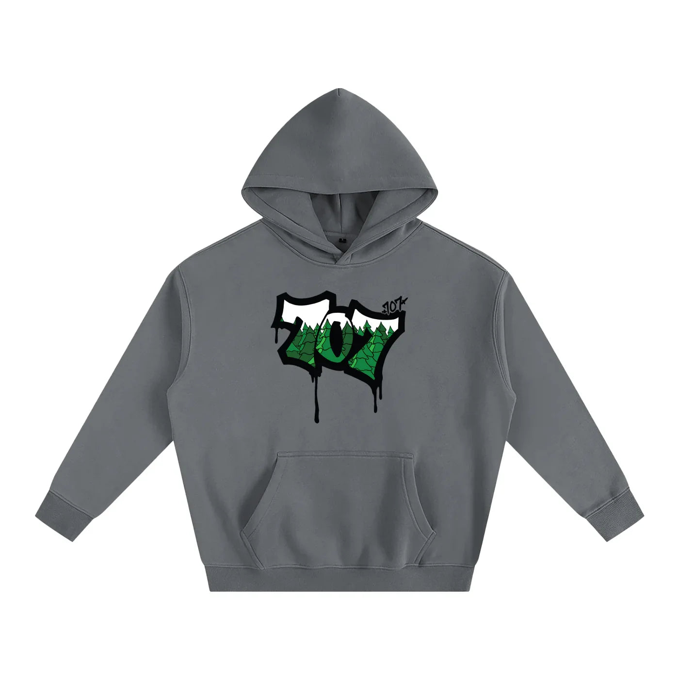 Gray hoodie with 707 forest graphic, blending outdoor and streetwear styles