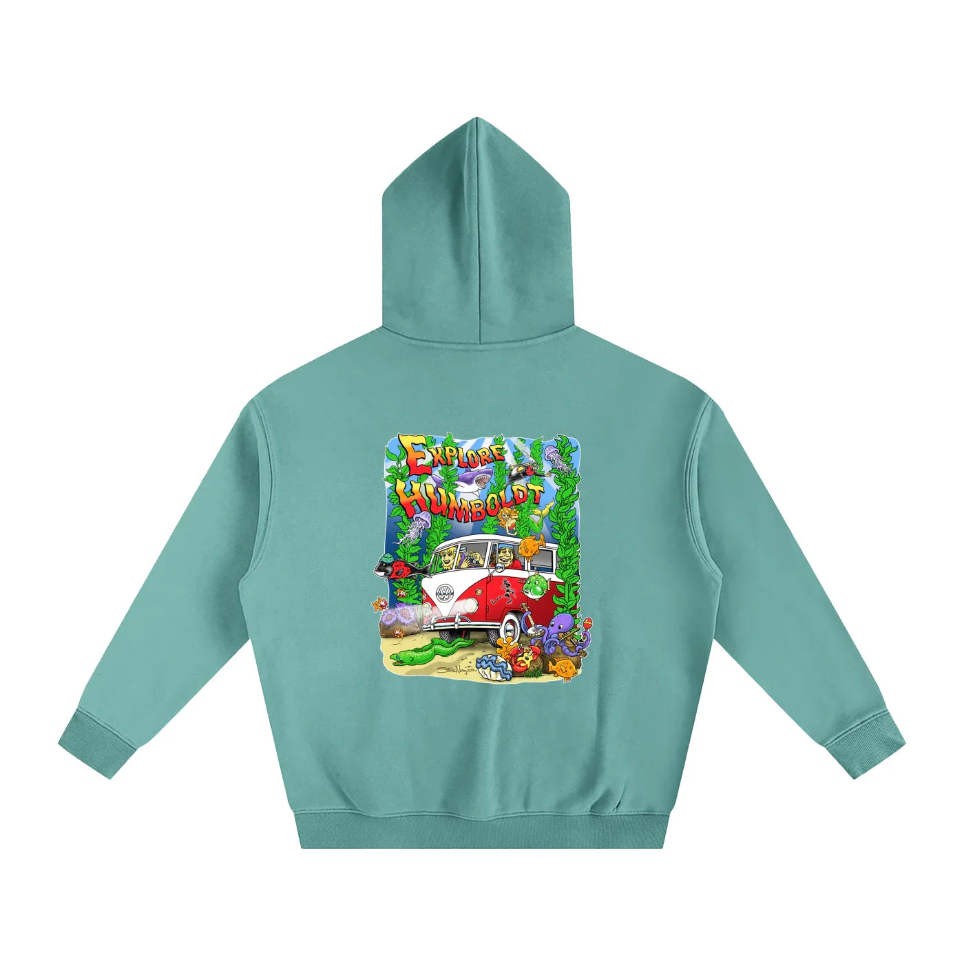 Teal hoodie with 'Explore Humboldt' graphic featuring a VW bus and sea creatures, blending outdoor and streetwear style.
