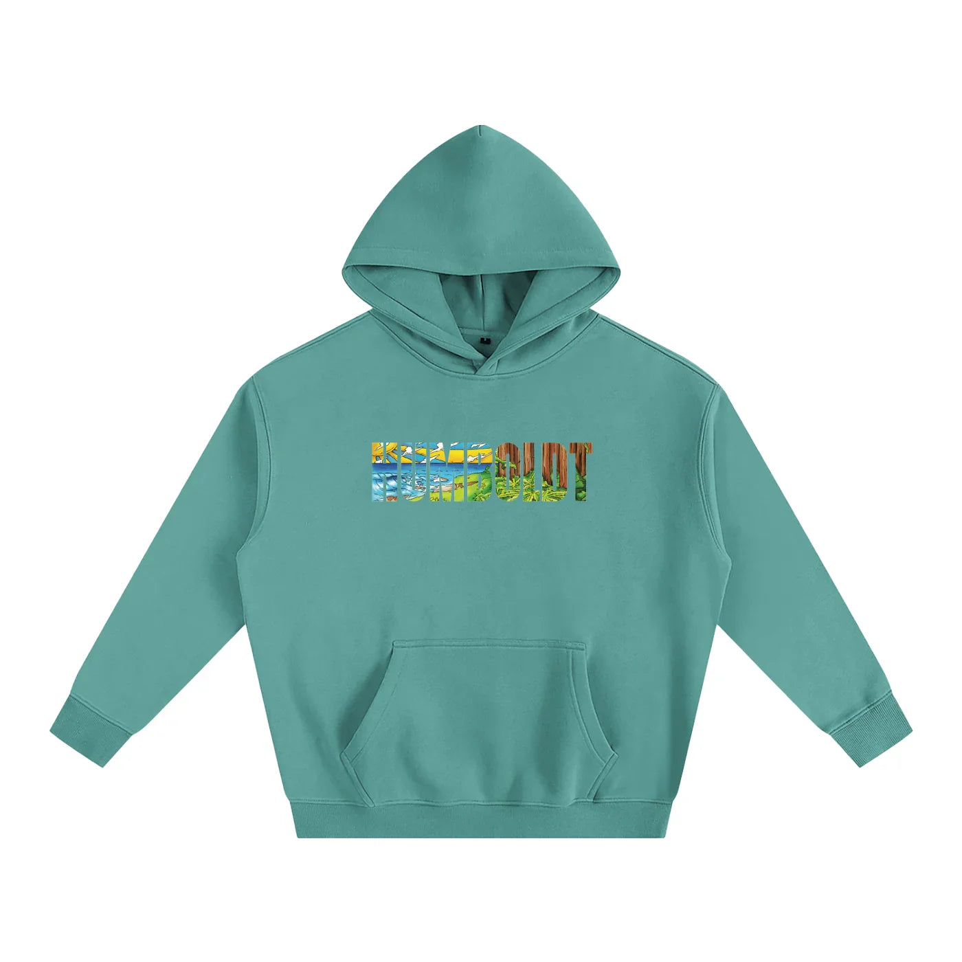 Teal hoodie with colorful Humboldt graphic, blending outdoor and streetwear style