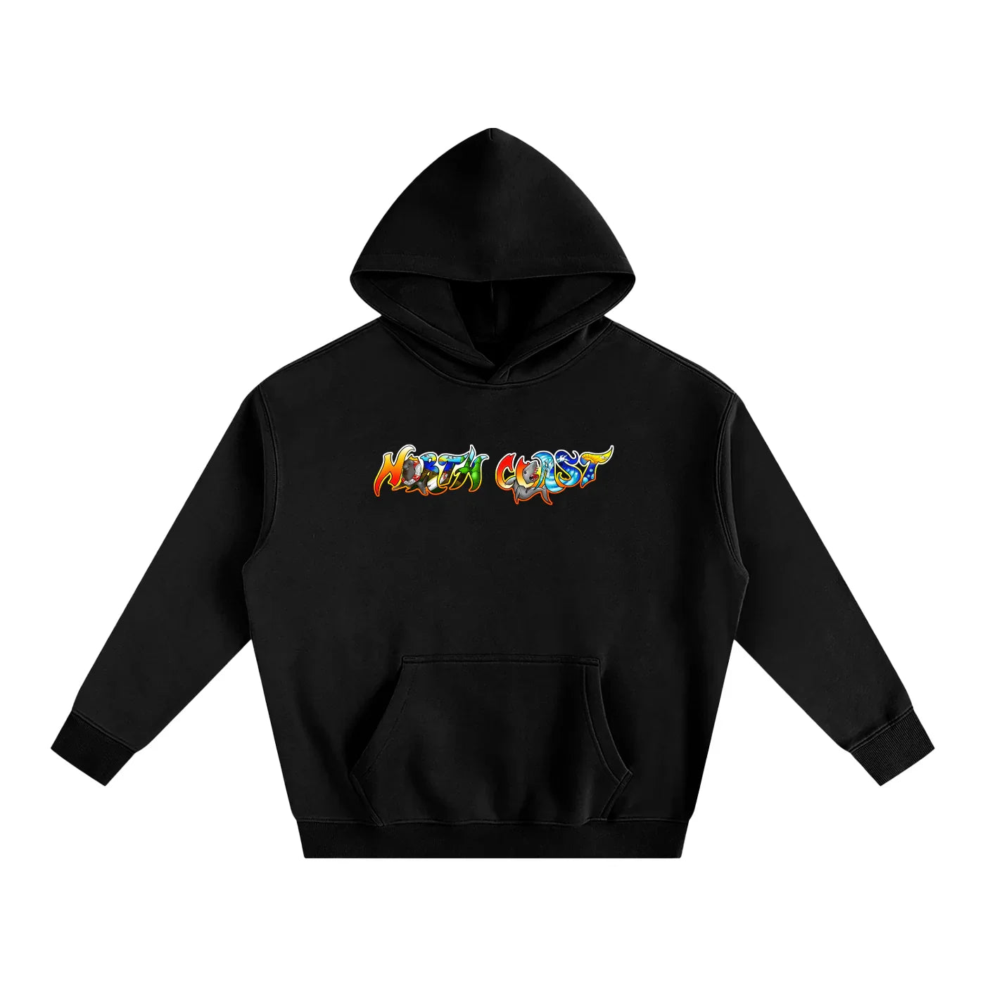 Black hoodie with colorful 'North Coast' graphic, blending outdoor and streetwear style