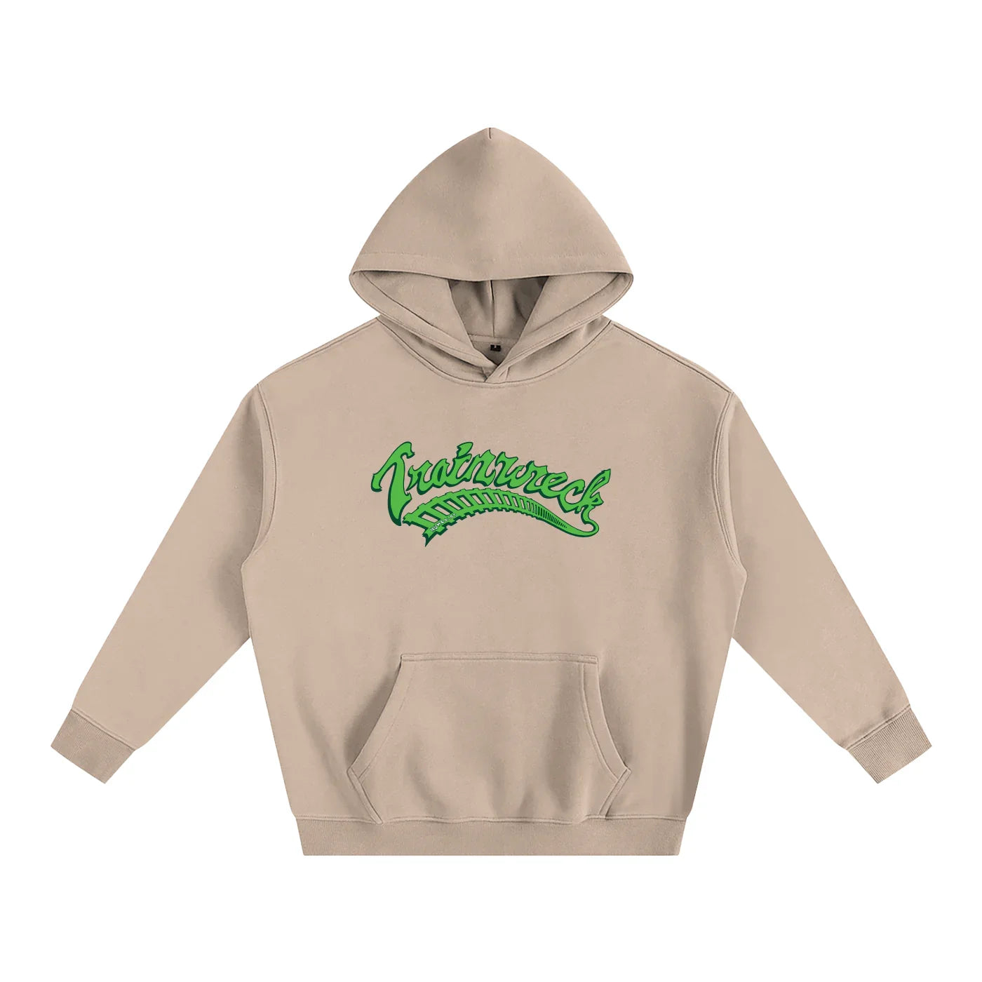 Beige hoodie with green 'Trainwreck' graphic, blending outdoor and streetwear style