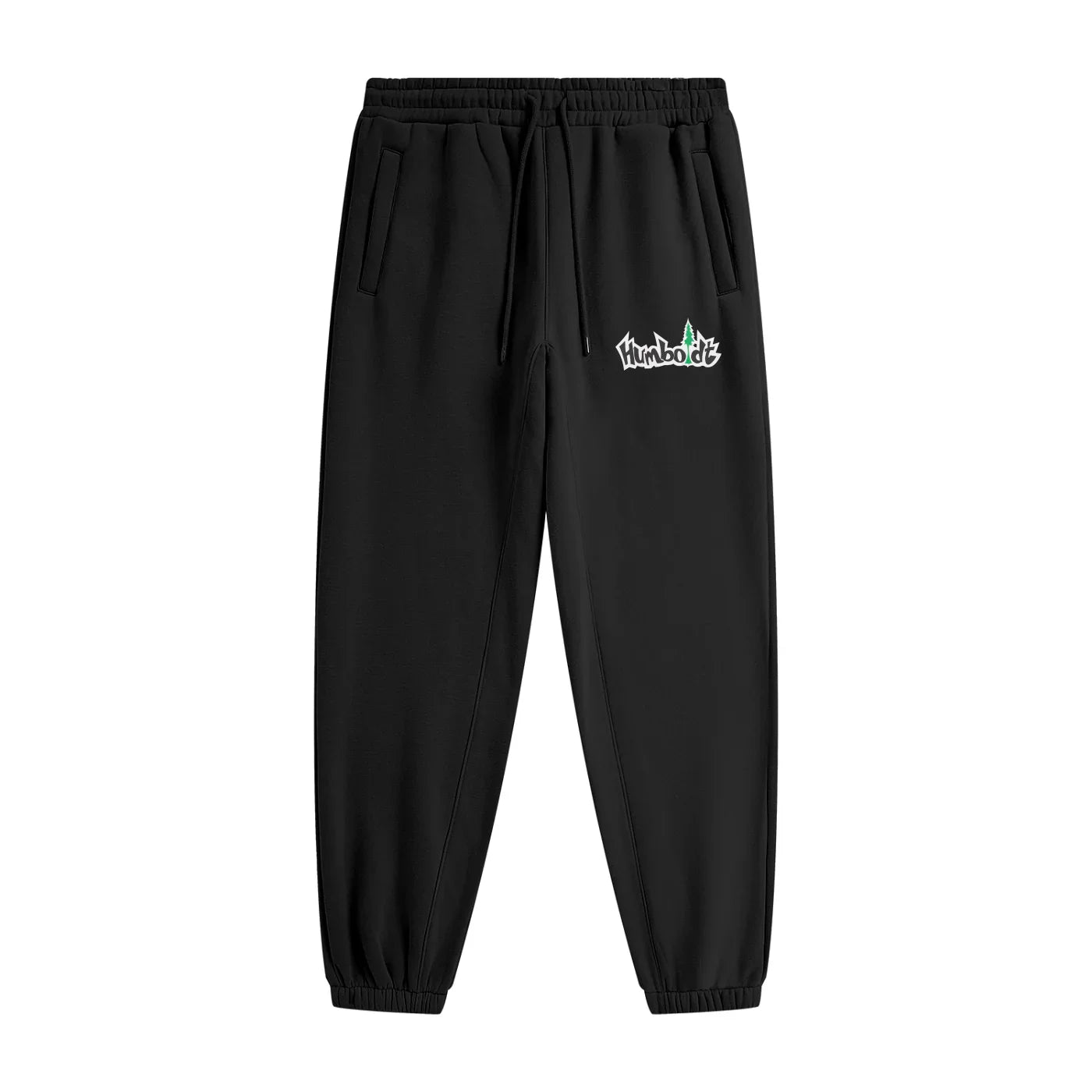 Black jogger pants with Humboldt logo, featuring drawstring waist and side pockets for casual comfort.