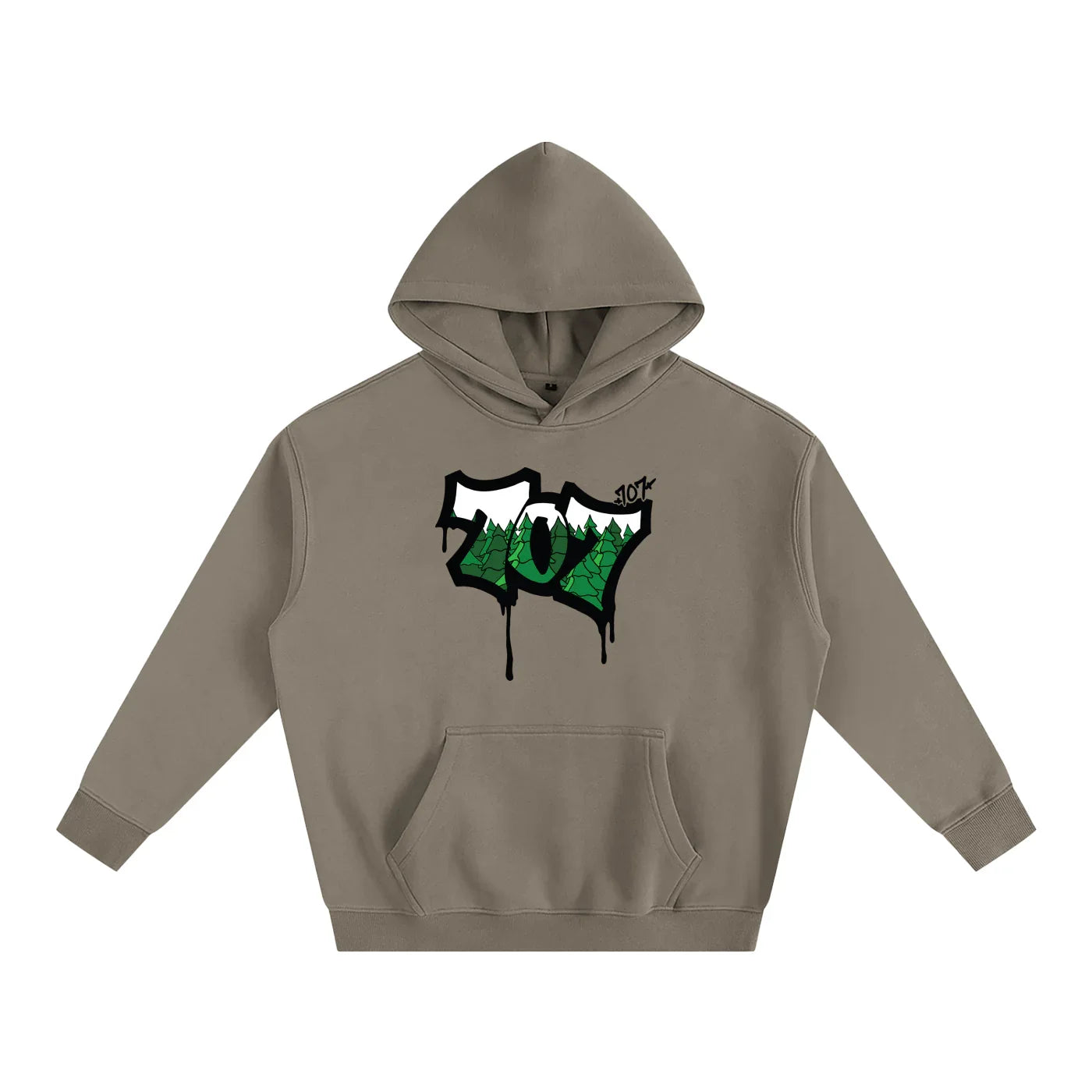 Tan hoodie with 707 forest graphic, blending outdoor style and streetwear design