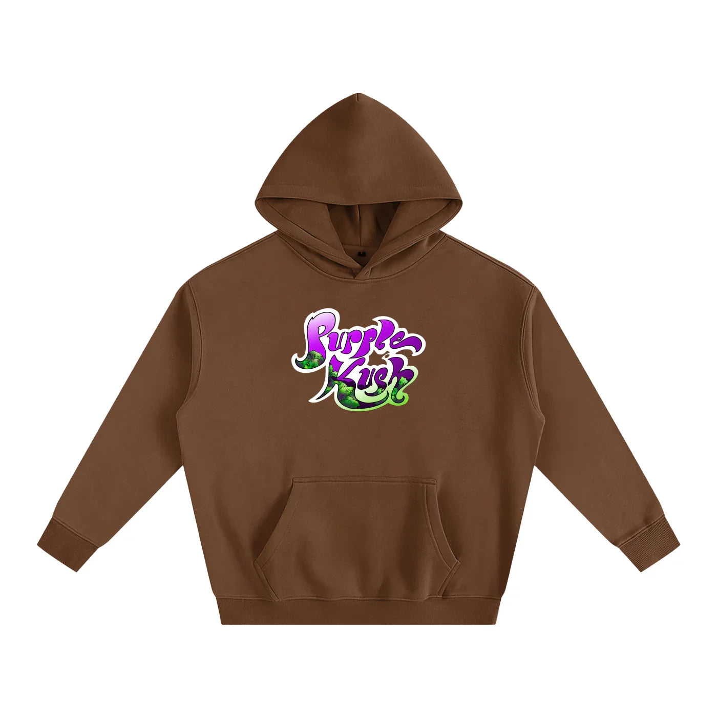 Brown hoodie with vibrant purple and green 'Purple Kush' graphic, blending streetwear style with bold design.