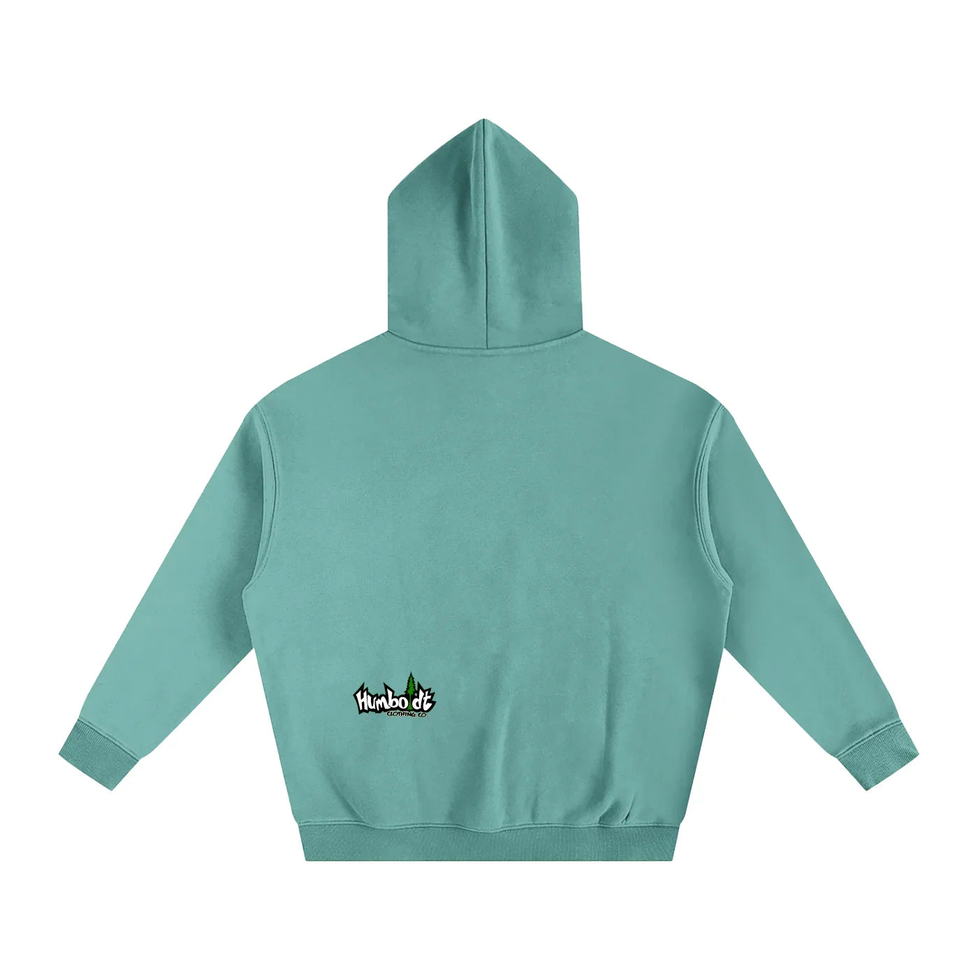 Teal hoodie with small Humboldt Clothing Co logo on back, blending outdoor and streetwear style.