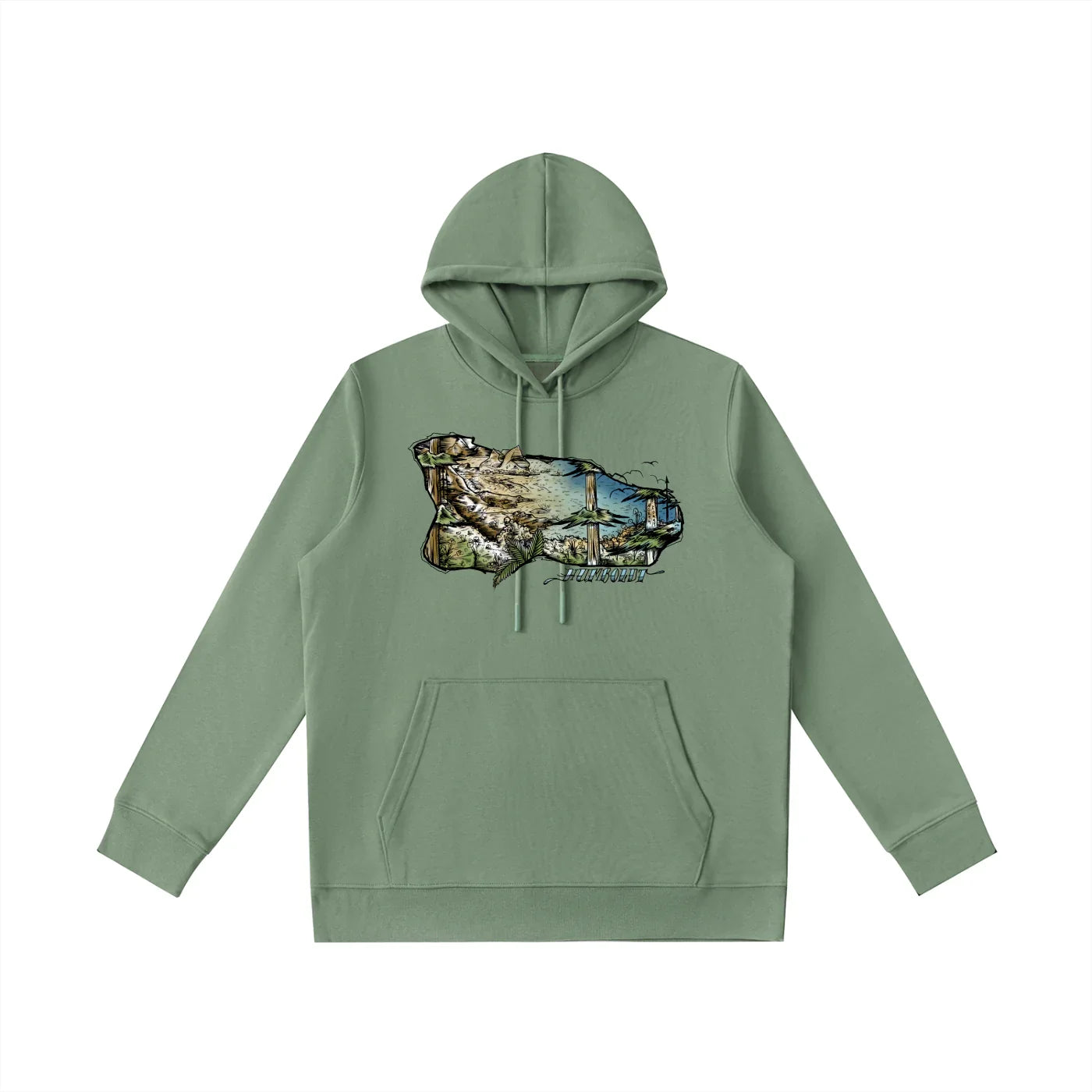 Green hoodie with a graphic design of a pen and ink style sketch of a rocky coastline on a white background