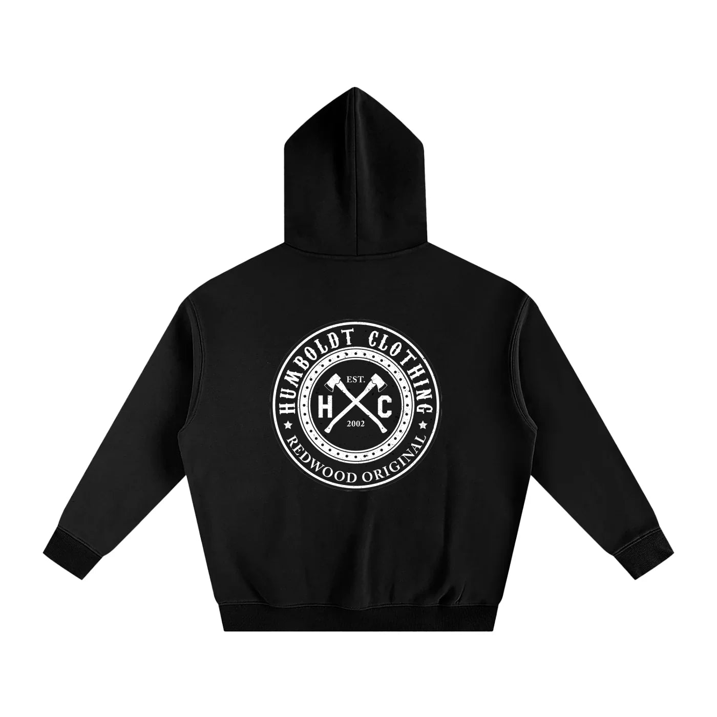 Black hoodie with a white logo on the back against a white background. text says Humboldt Clothing and Redwood Original. Est 2002 and HC. 2 axes like logging axes are in the design.