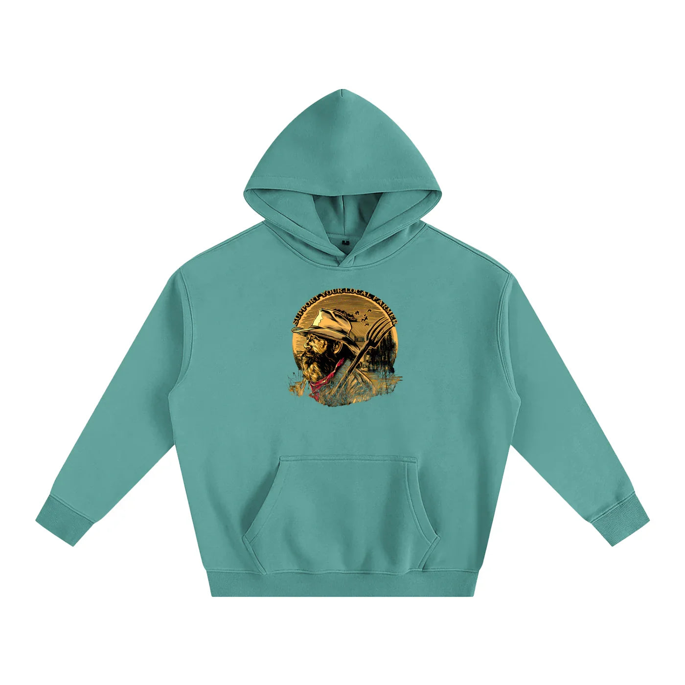 Teal hoodie with farmer graphic, 'Support Your Local Farmer' text, rugged outdoor style