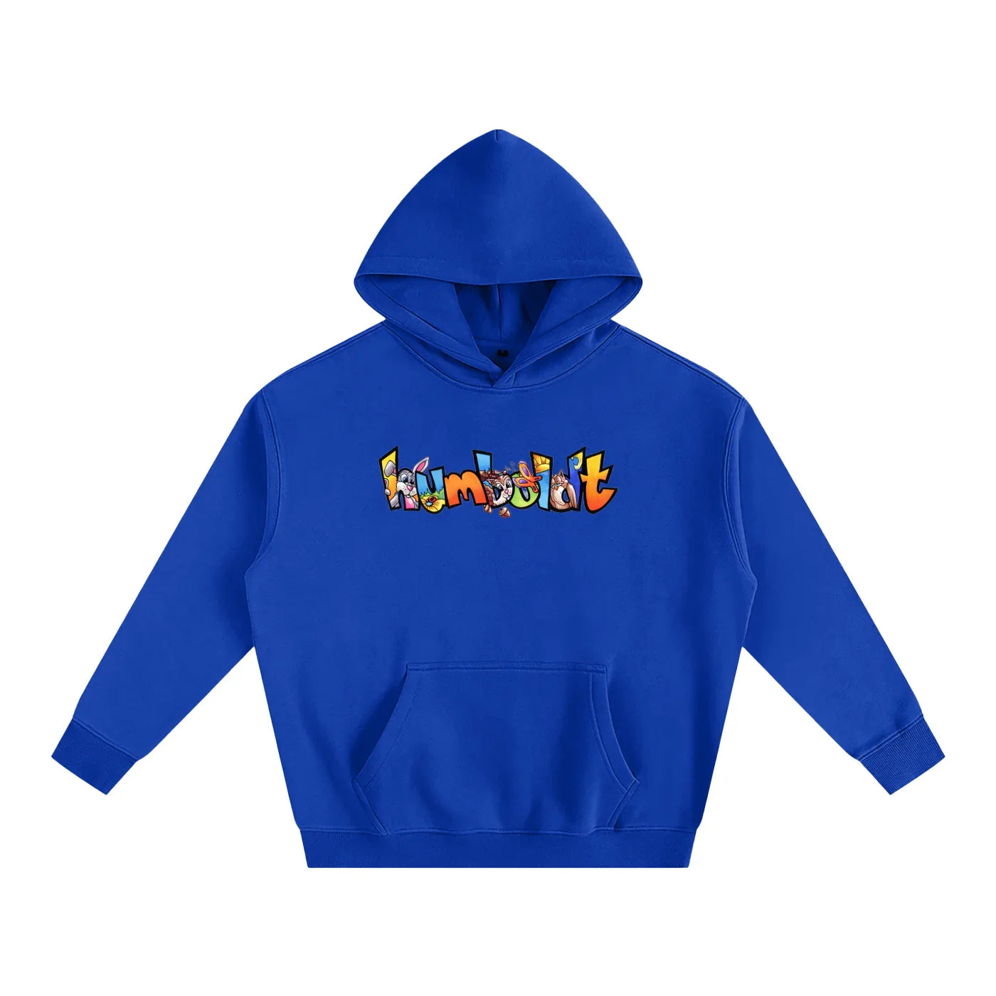 Royal blue hoodie with colorful 'Humboldt' graphic, blending outdoor and streetwear style