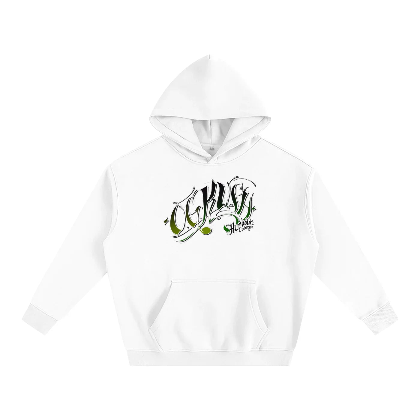 White hoodie with green 'OG HUMBOLDT' graffiti-style graphic, front pocket, and drawstring hood