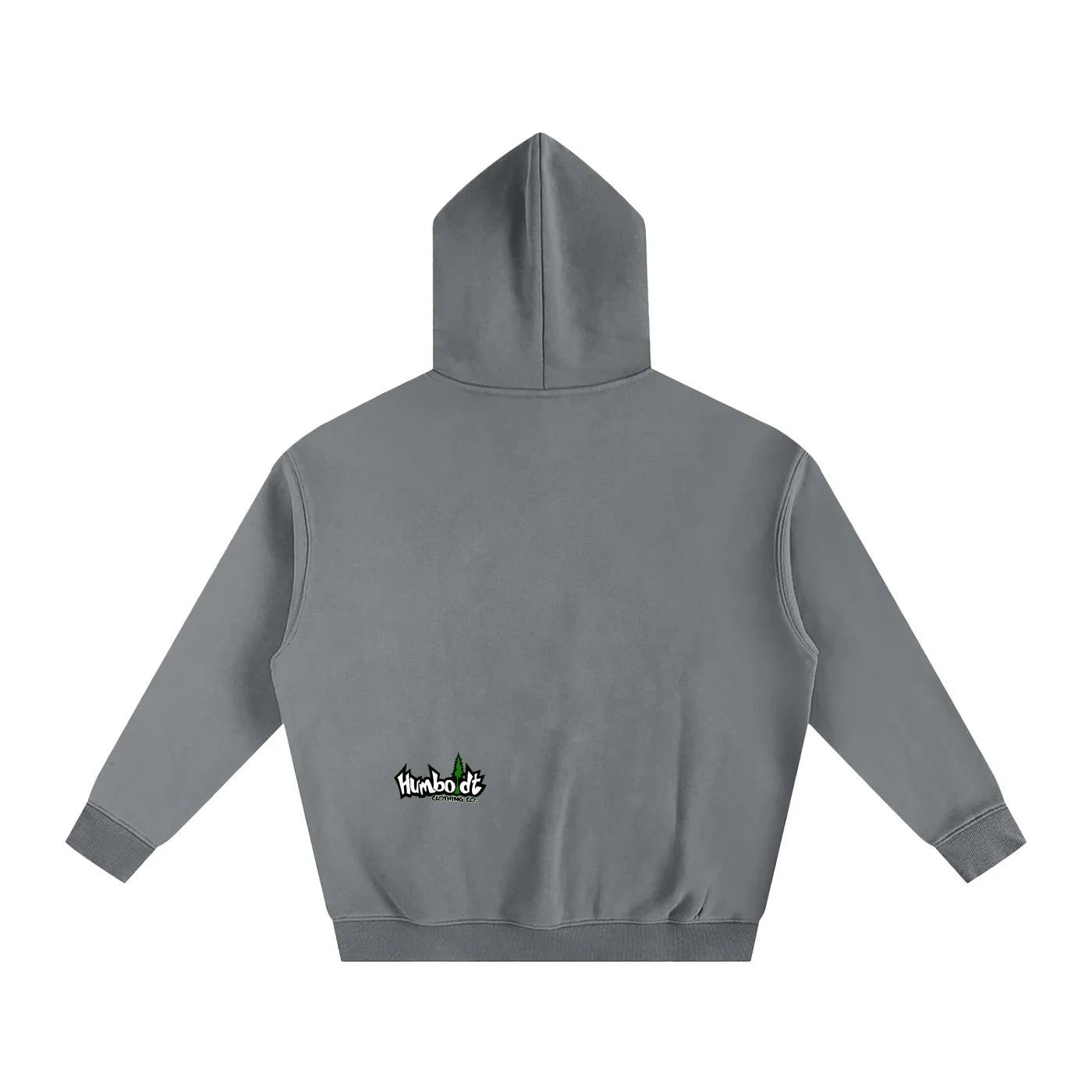Gray hoodie with small Humboldt Clothing Co. logo on back, blending outdoor and streetwear style