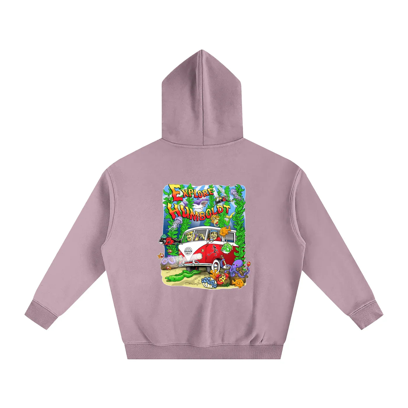Purple hoodie with 'Explore Humboldt' graphic, vintage van, and ocean creatures, blending outdoor and streetwear style.