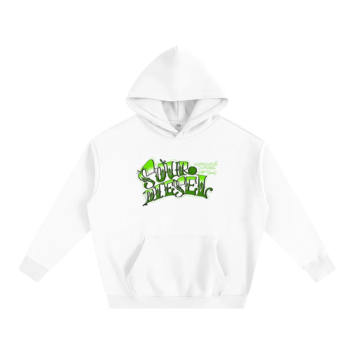 White hoodie with green 'Sonic Diesel' graphic, Humboldt Clothing Co. design, streetwear style