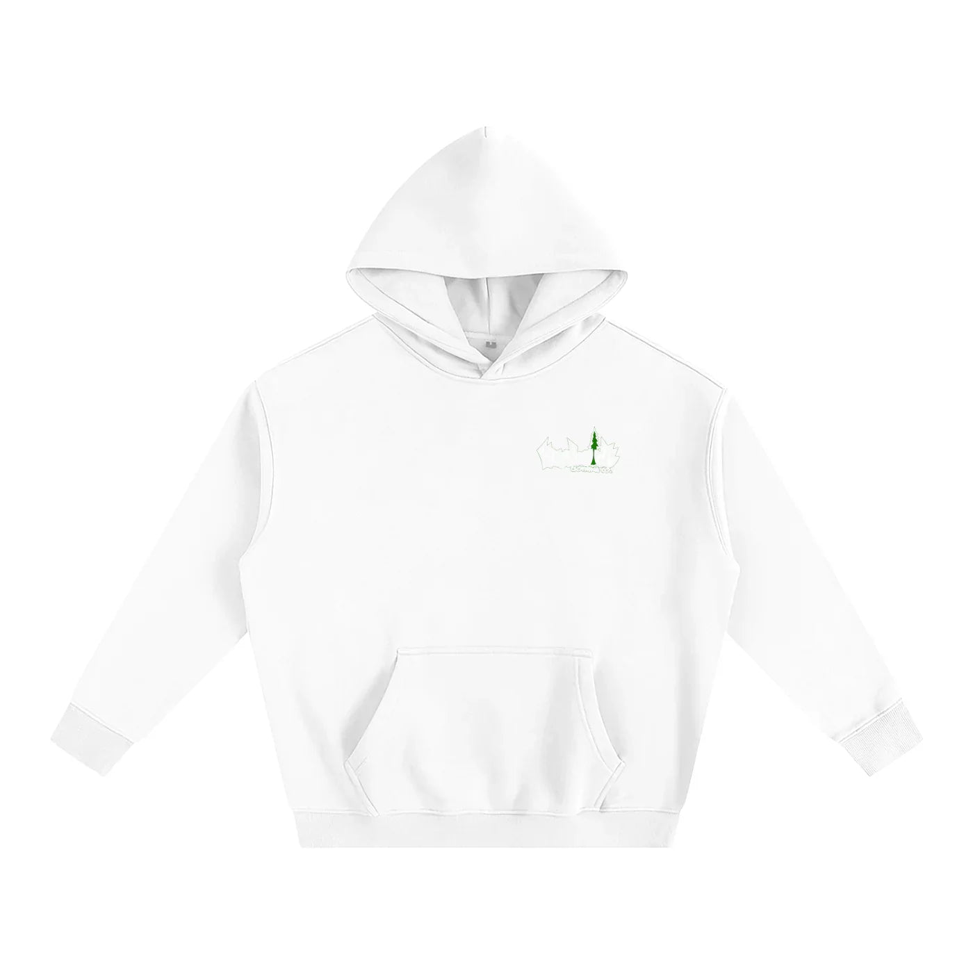 White hoodie with green tree logo, Humboldt County inspired streetwear for outdoors and urban style