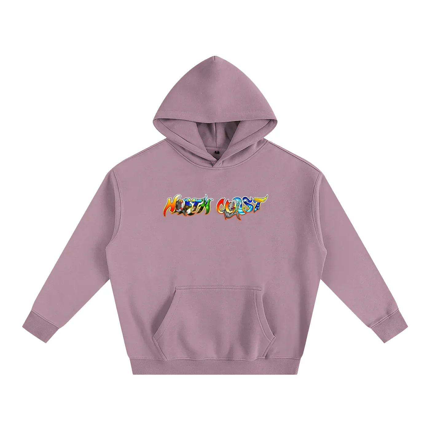 Purple hoodie with colorful 'North Coast' graphic, blending outdoor and streetwear style