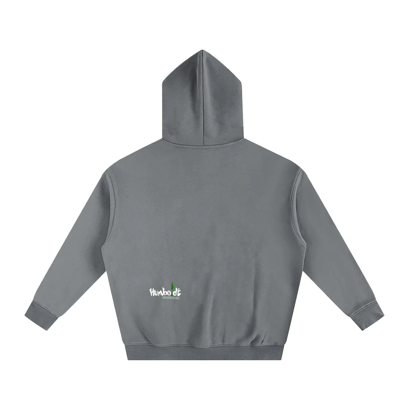 Gray hooded sweatshirt with small Humboldt County graphic, blending outdoor and streetwear style.
