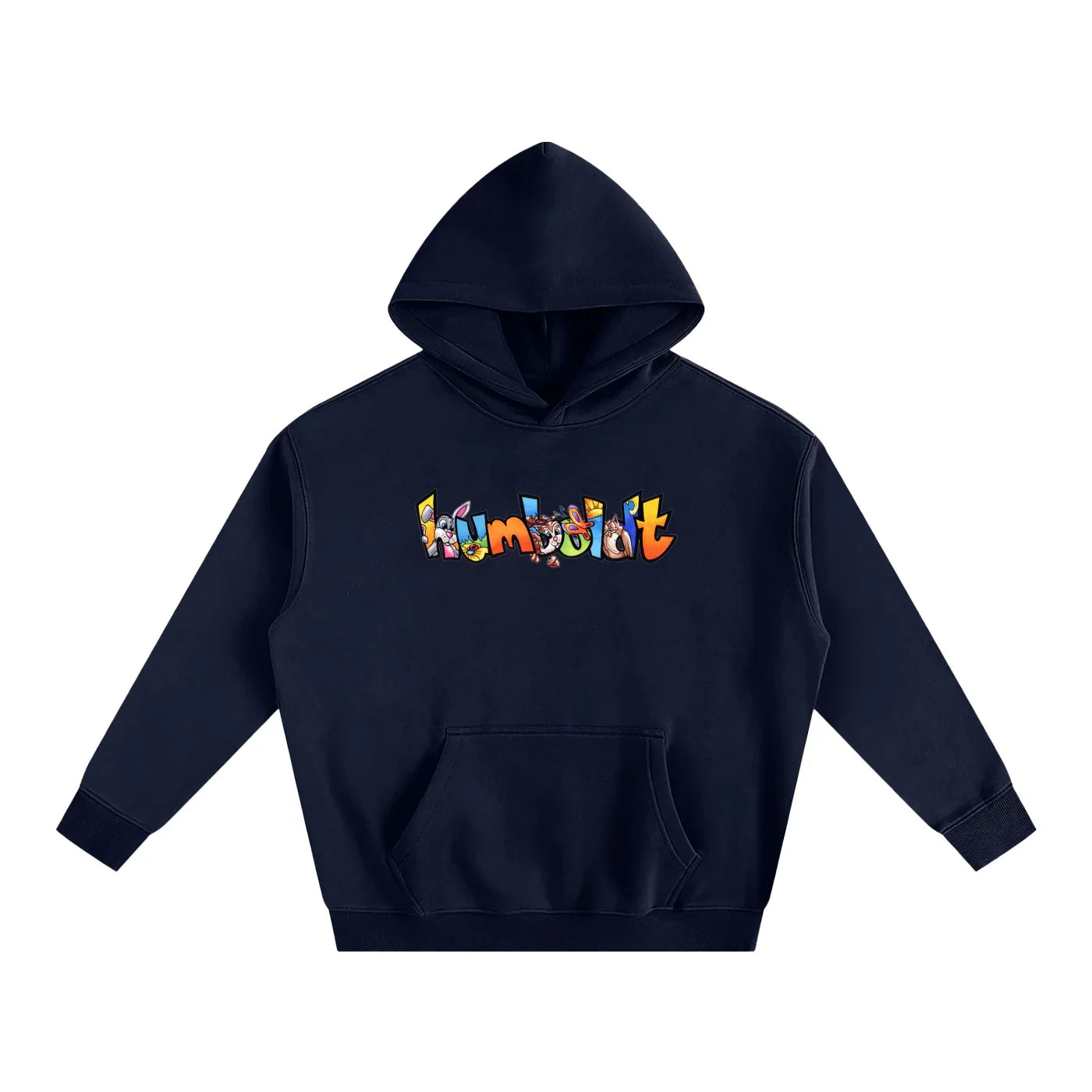 Navy hoodie with colorful Humboldt graphic, blending outdoor and streetwear style