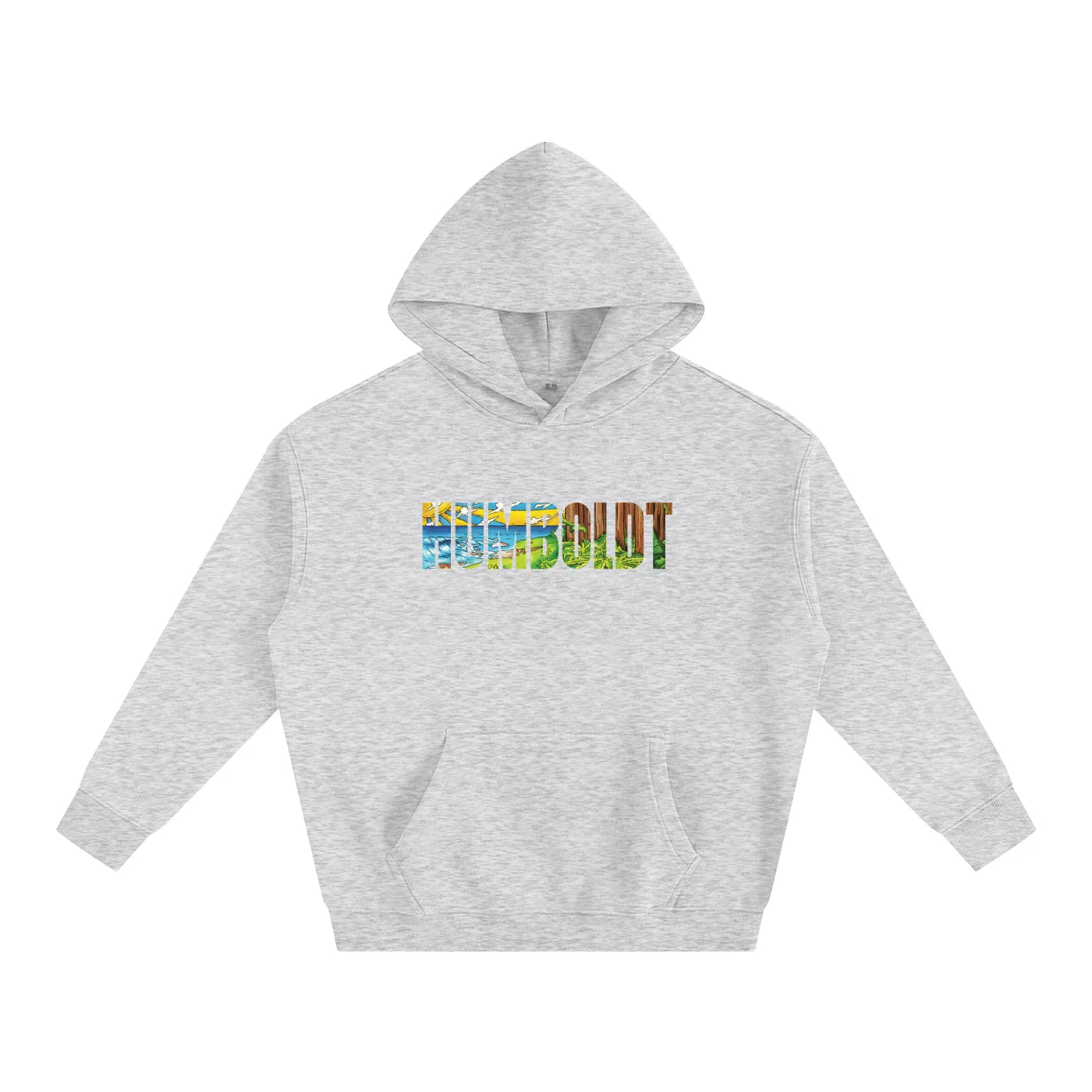 Gray hoodie with colorful 'HUMBOLDT' graphic, blending nature scenes for outdoor and streetwear style.