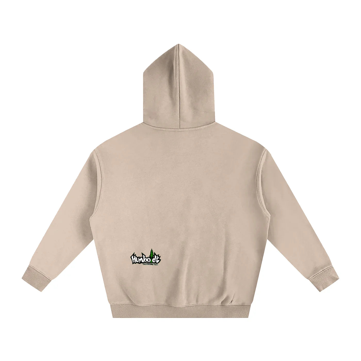 Beige hooded sweatshirt with small Humboldt Clothing Co. logo on back, blending outdoor and streetwear style.