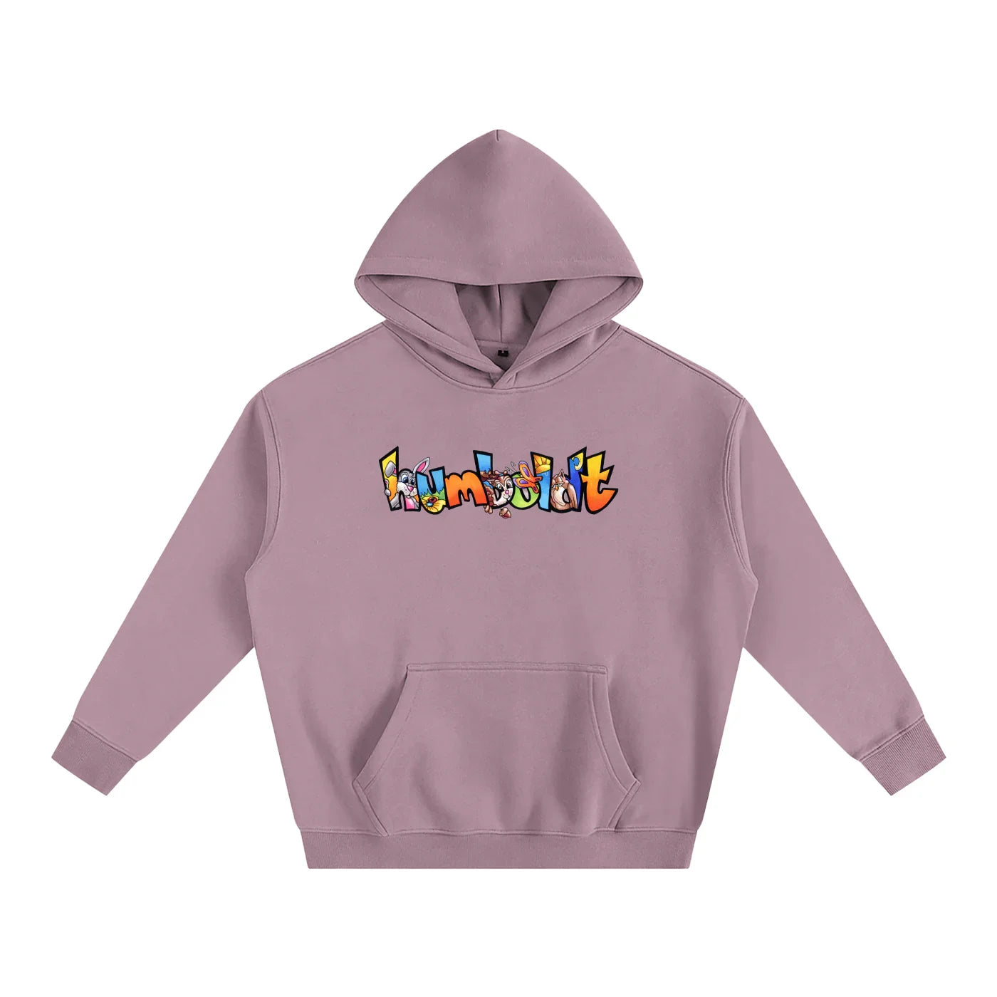 Dusty pink hoodie with colorful 'Humboldt' graphic, blending outdoor and streetwear style