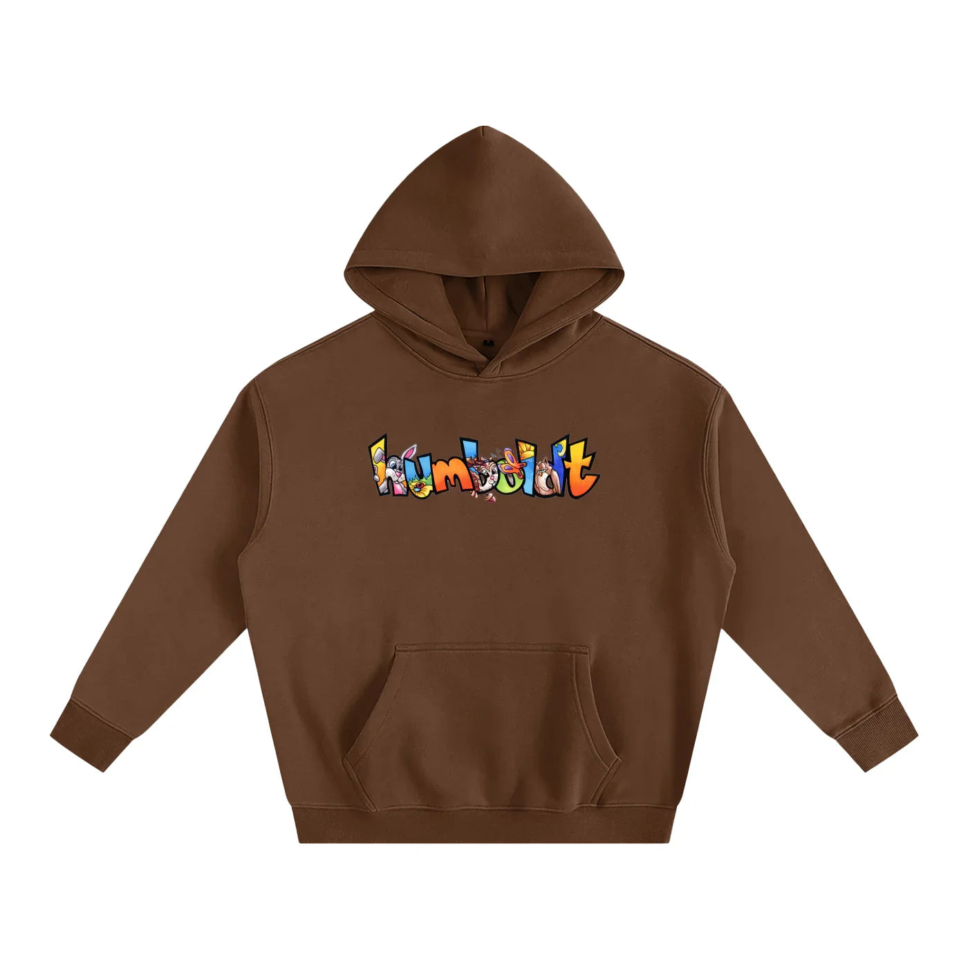 Brown hoodie with colorful 'Humboldt' graphic, blending outdoor and streetwear style