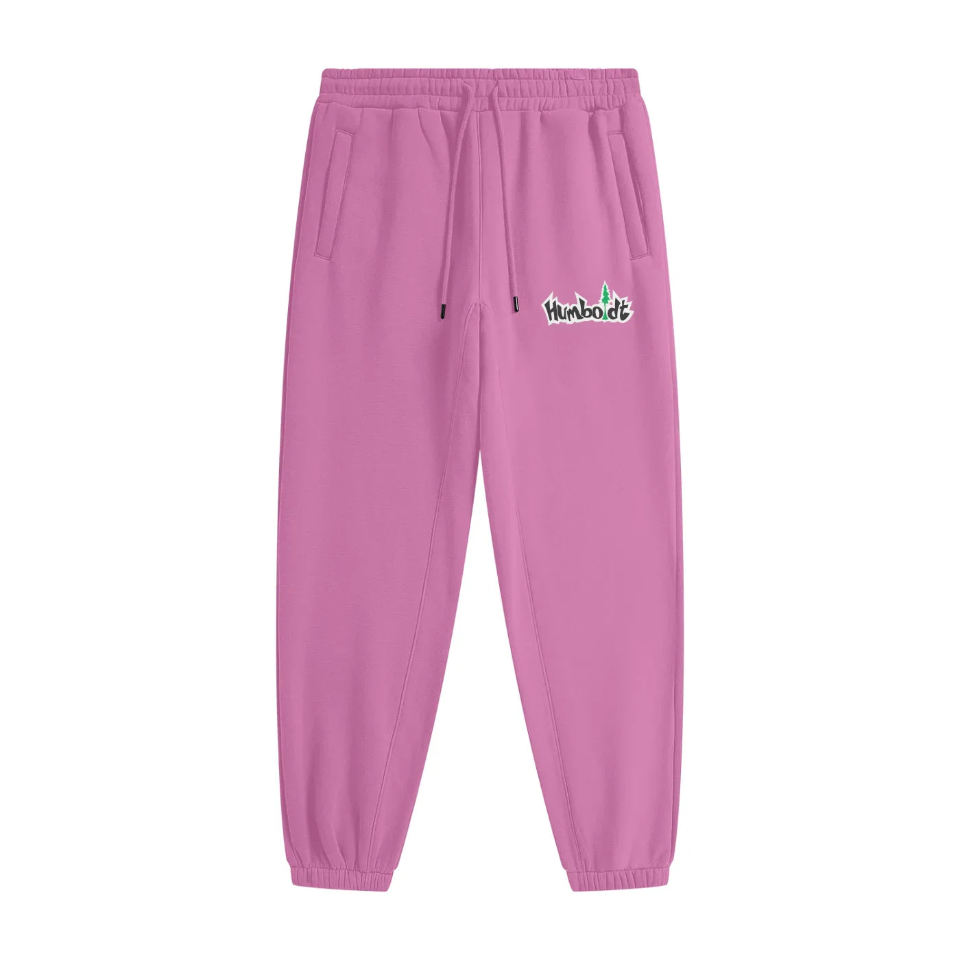 Pink jogger sweatpants with Humboldt logo, relaxed fit, drawstring waist, side pockets, casual streetwear style