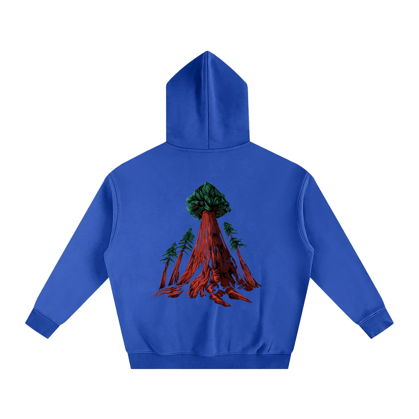 Blue hoodie with red tree root graphic, forest design, outdoor streetwear style