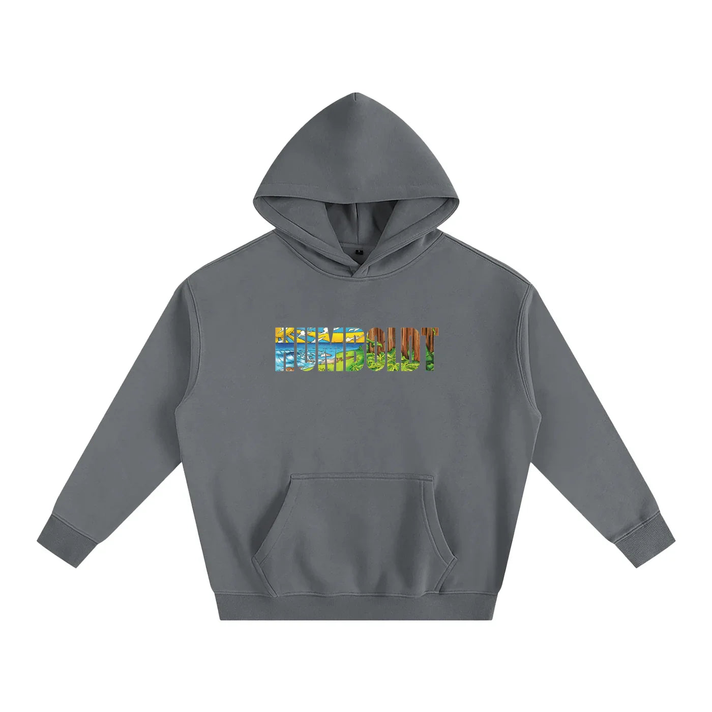 Gray hoodie with colorful Humboldt landscape graphic, blending outdoor and streetwear style