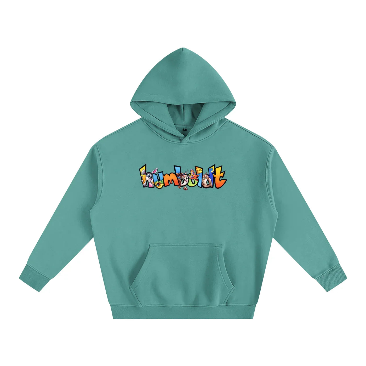 Teal hoodie with colorful 'Humboldt' graphic, blending outdoor and streetwear style