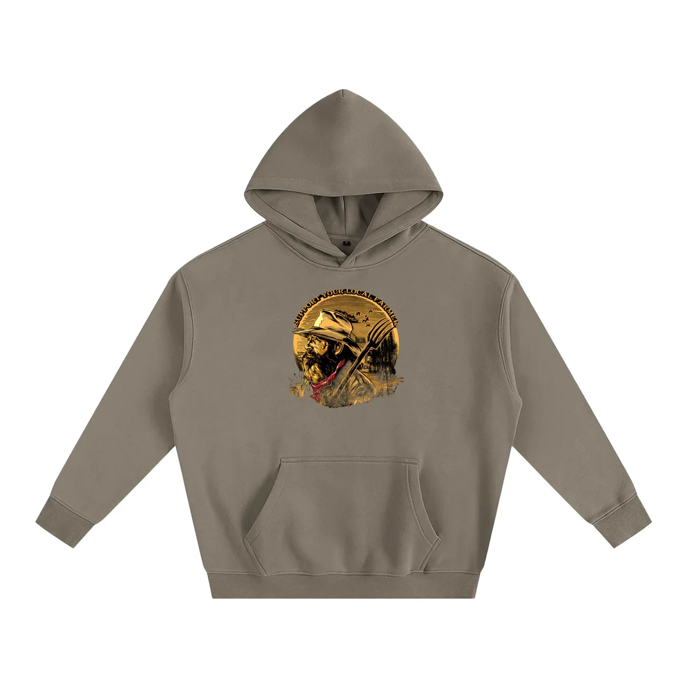 Gray hoodie with farmer graphic, rustic design, outdoor style