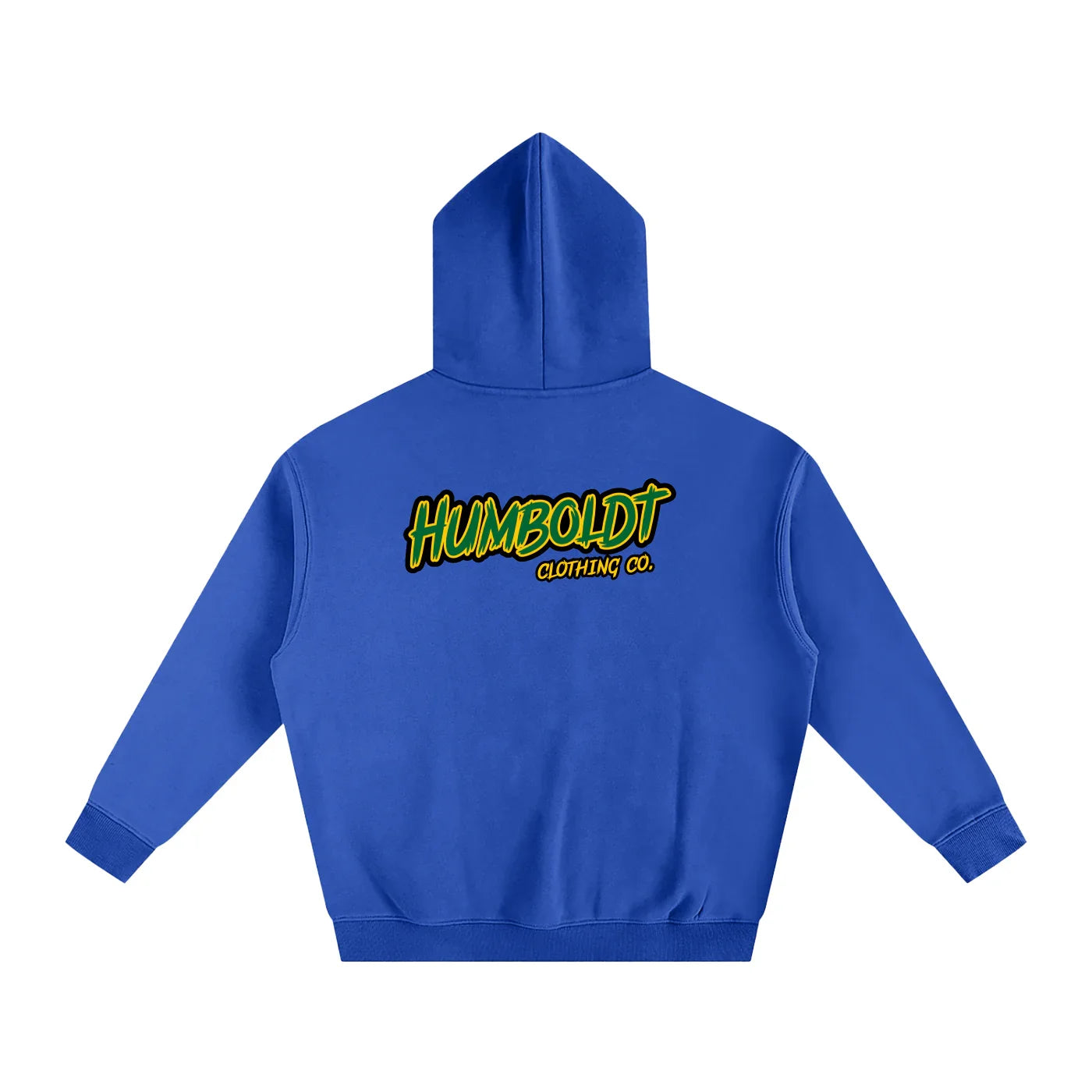 Royal blue hoodie with Humboldt Clothing Co. logo, bold green and yellow lettering on back