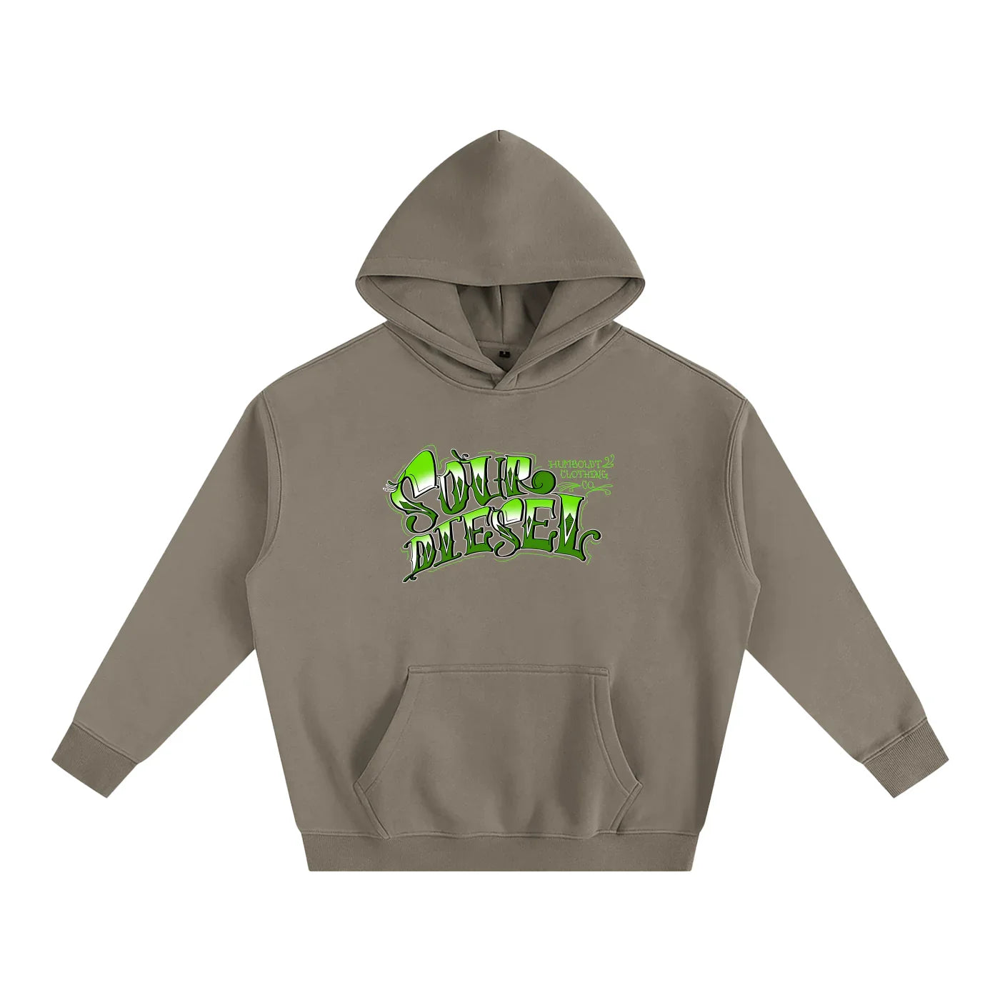 Olive green hoodie with Sour Diesel graphic, Humboldt Clothing Co. streetwear style
