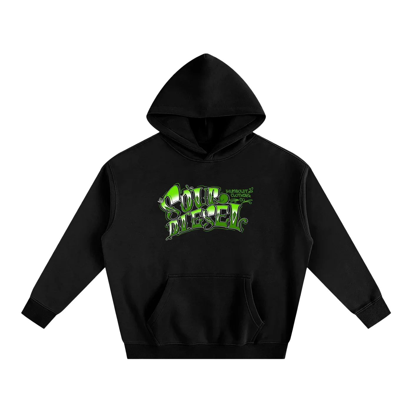 Black hoodie with green Sour Diesel graphic, Humboldt Clothing Co. design, urban streetwear style