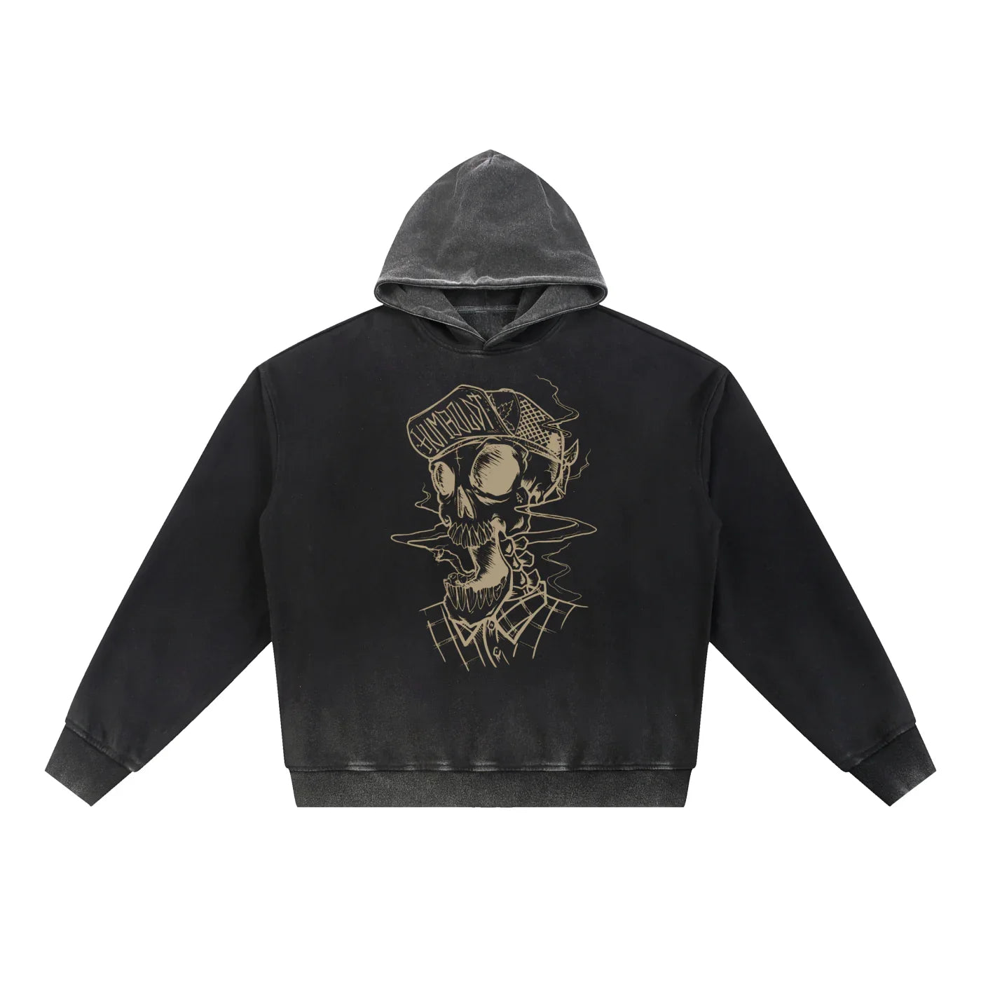 Washed Black hoodie with a skull graphic wearing a hat and a plaid shirt that says HUMBOLDT